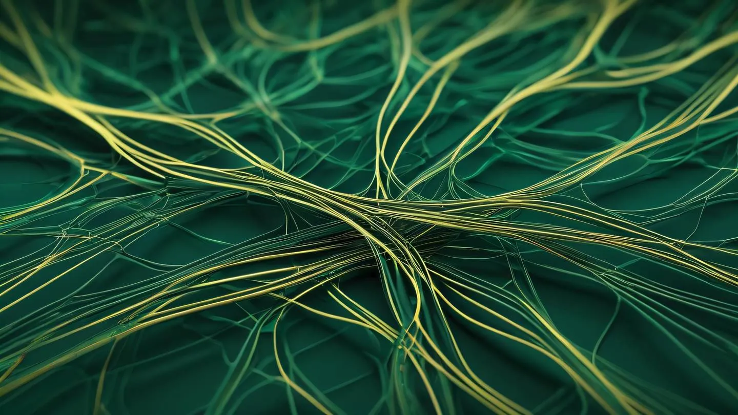 Abstract flowing patterns resembling network connections featuring zinc metallic tones intertwined with pale yellow streaks against an emerald background ultra-realistic 8K UHD high resolution sharp detail