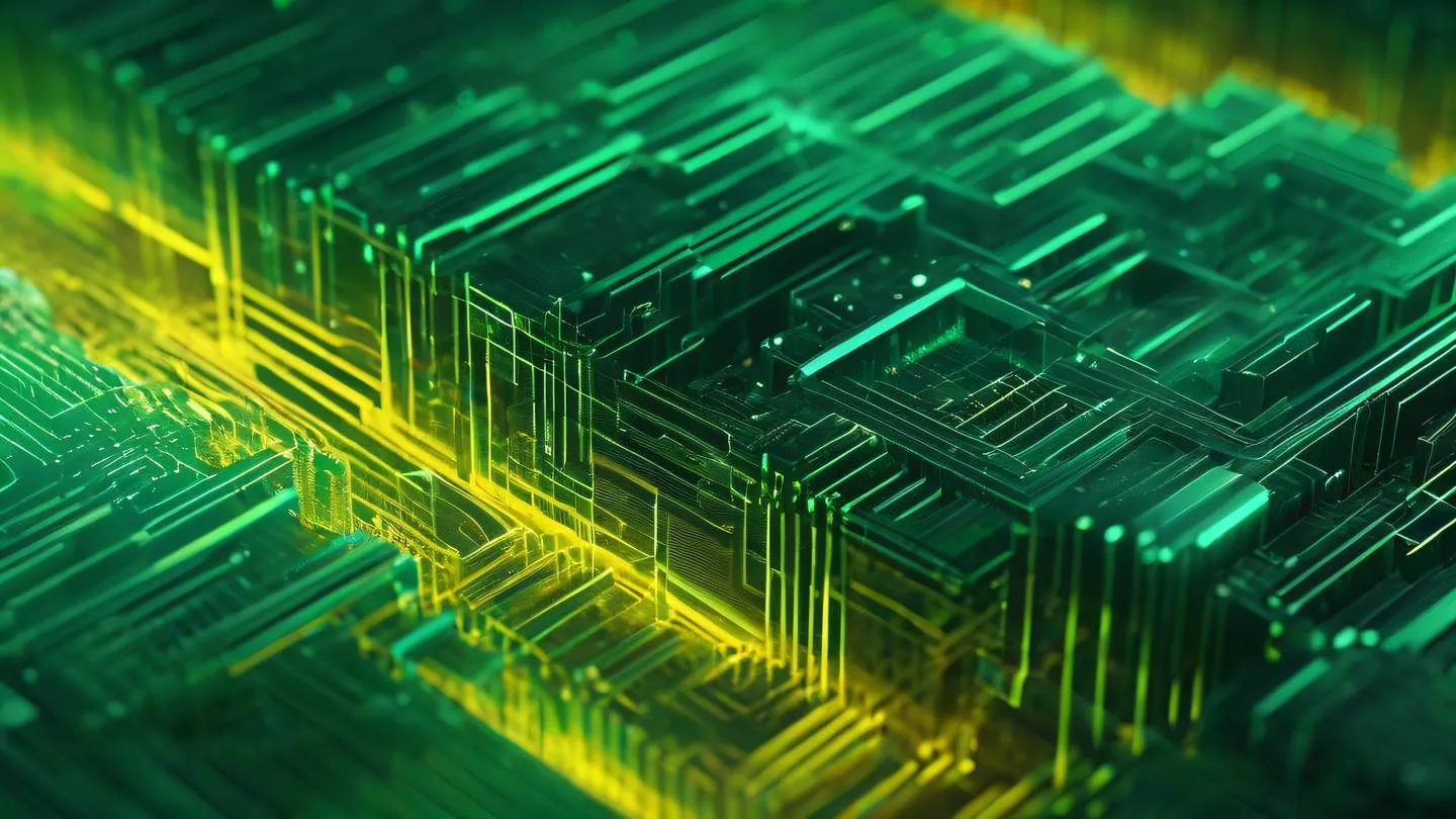 Geometric abstract patterns representing data flow with bright emerald and yellow gradients flowing through crystalline structures cinematic quality 8K UHD ultra-realistic