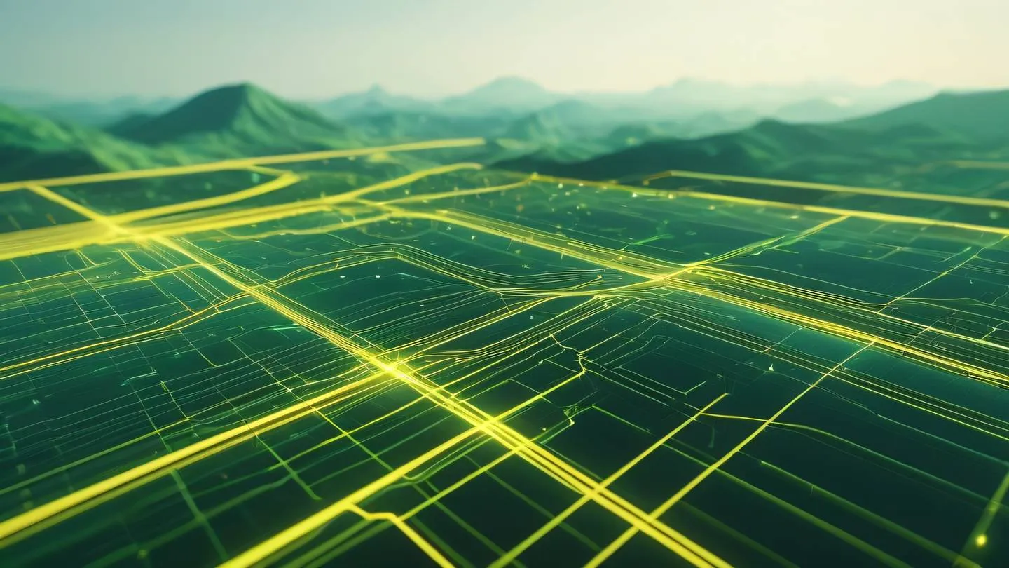 Abstract technological landscape with flowing emerald lines and bright yellow energy pulses against a pale background representing digital transformation ultra-realistic 8K resolution cinematic quality