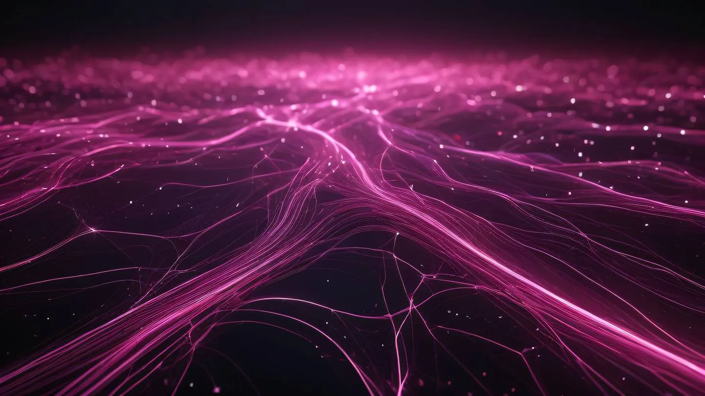 A futuristic abstract visualization of data flow and network connections featuring flowing streams of light in bright pink and rose colors against a dark background ultra-realistic cinematic 8K high resolution sharp and detailed