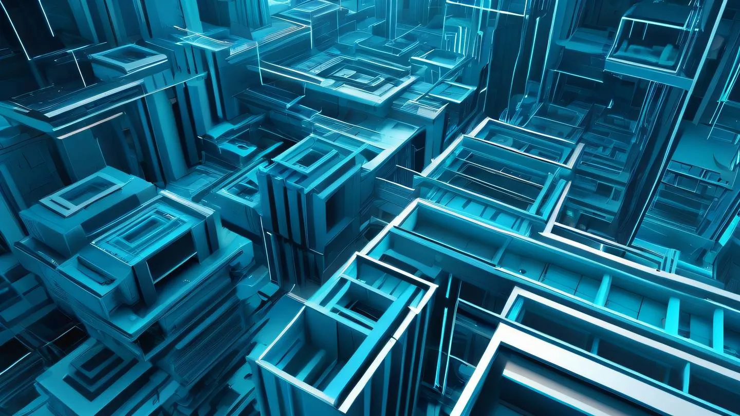 Layered geometric shapes in bright cyan and blue colors representing different levels of data processing abstract architectural style with clean lines and systematic arrangements high-quality ultra-realistic cinematic 8K UHD high resolution sharp and detail