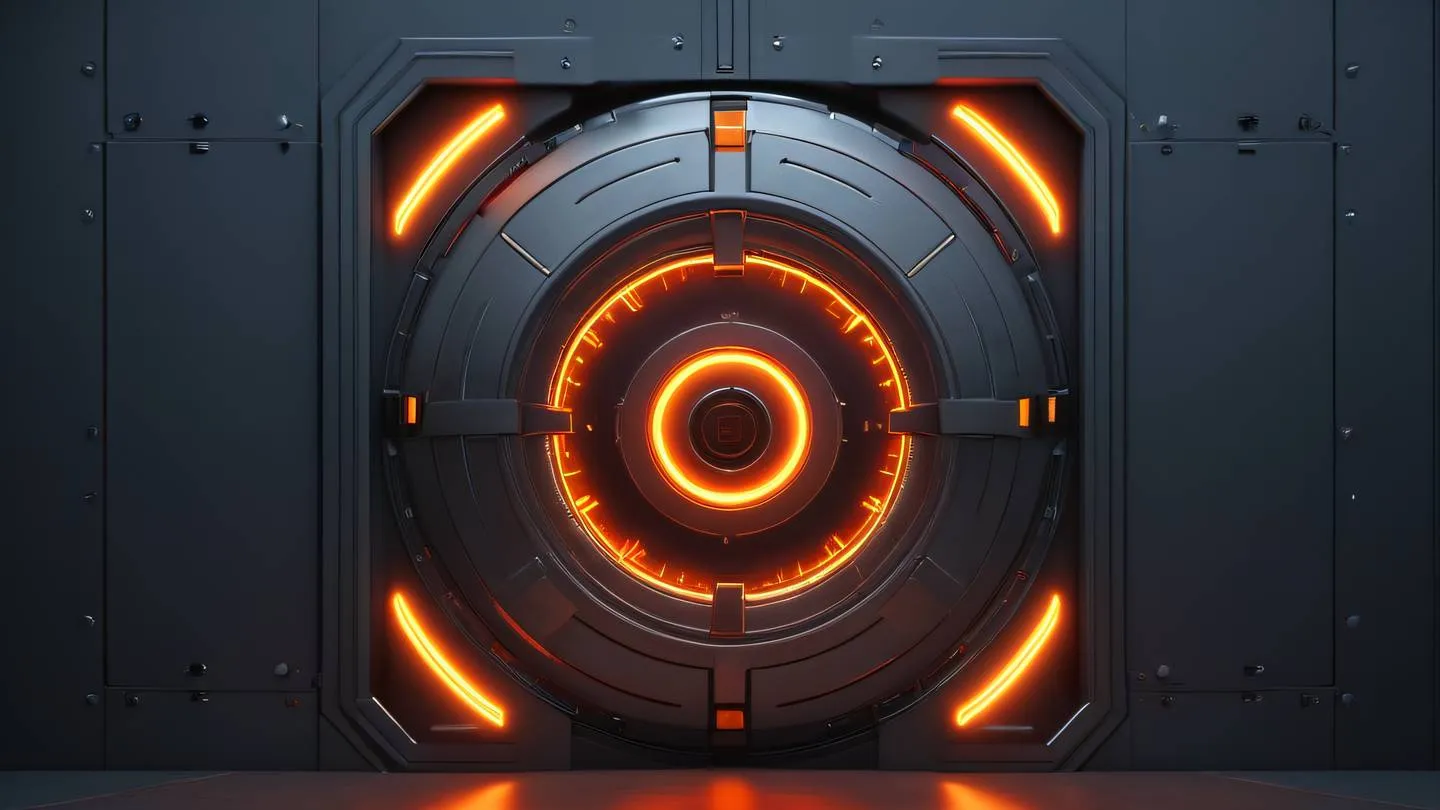 A futuristic security vault door with glowing circuit patterns metallic surface with orange and red energy flowing through in a high-tech aesthetic high-quality ultra-realistic cinematic 8K UHD high resolution sharp and detail