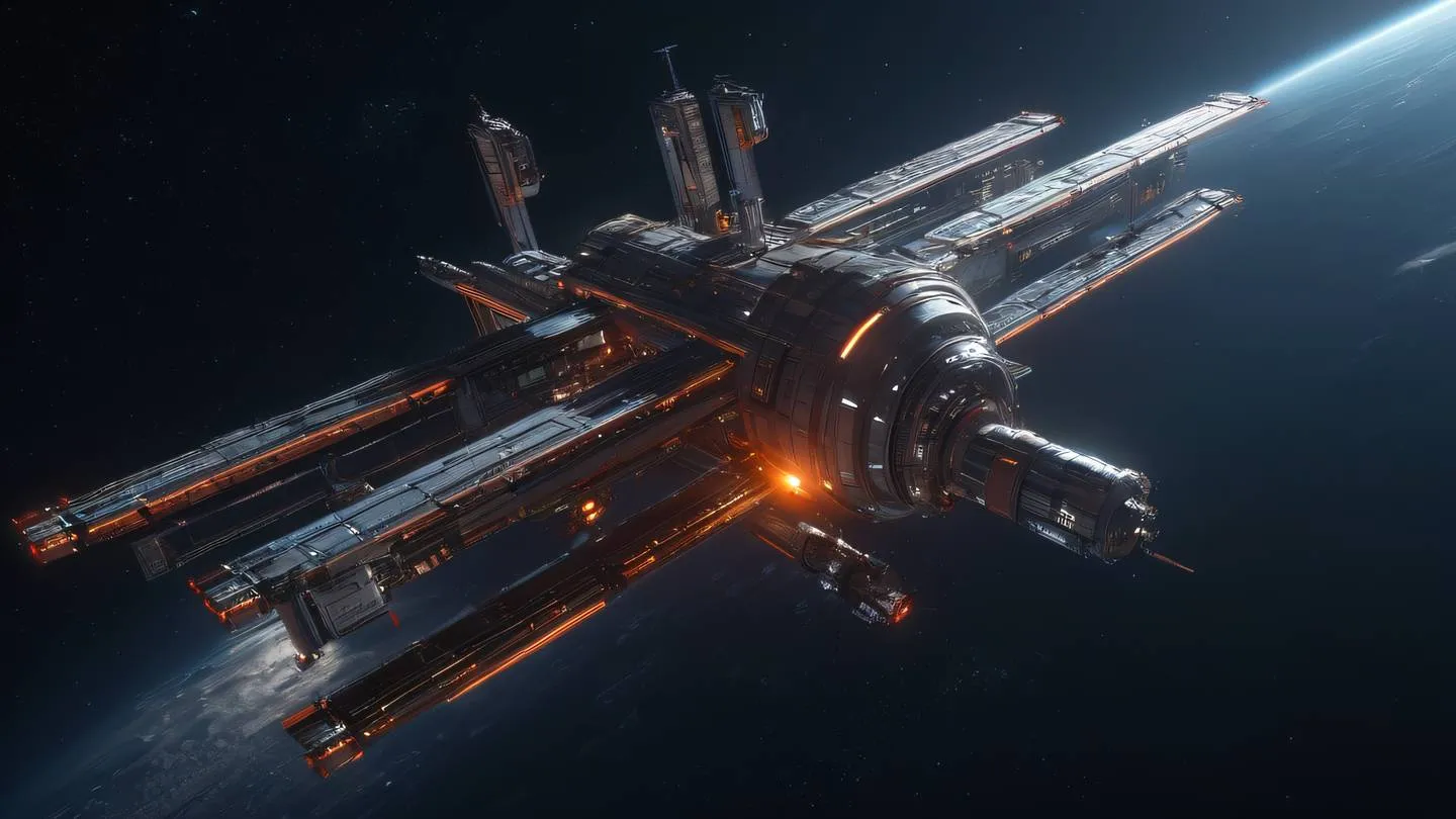 A space station floating in deep space with glowing red and orange energy shields surrounding its metallic structure high-quality ultra-realistic cinematic 8K UHD high resolution sharp and detail