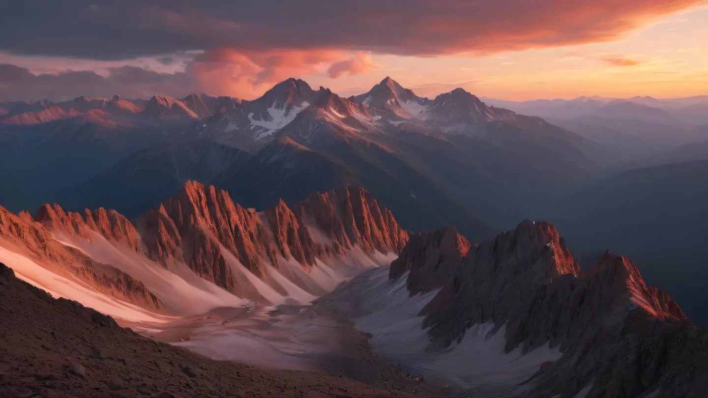 Rocky mountain peaks at sunset with orange and rose colored clouds swirling around the summits creating a dramatic and ethereal atmosphere high-quality ultra-realistic cinematic 8K UHD high resolution sharp and detail