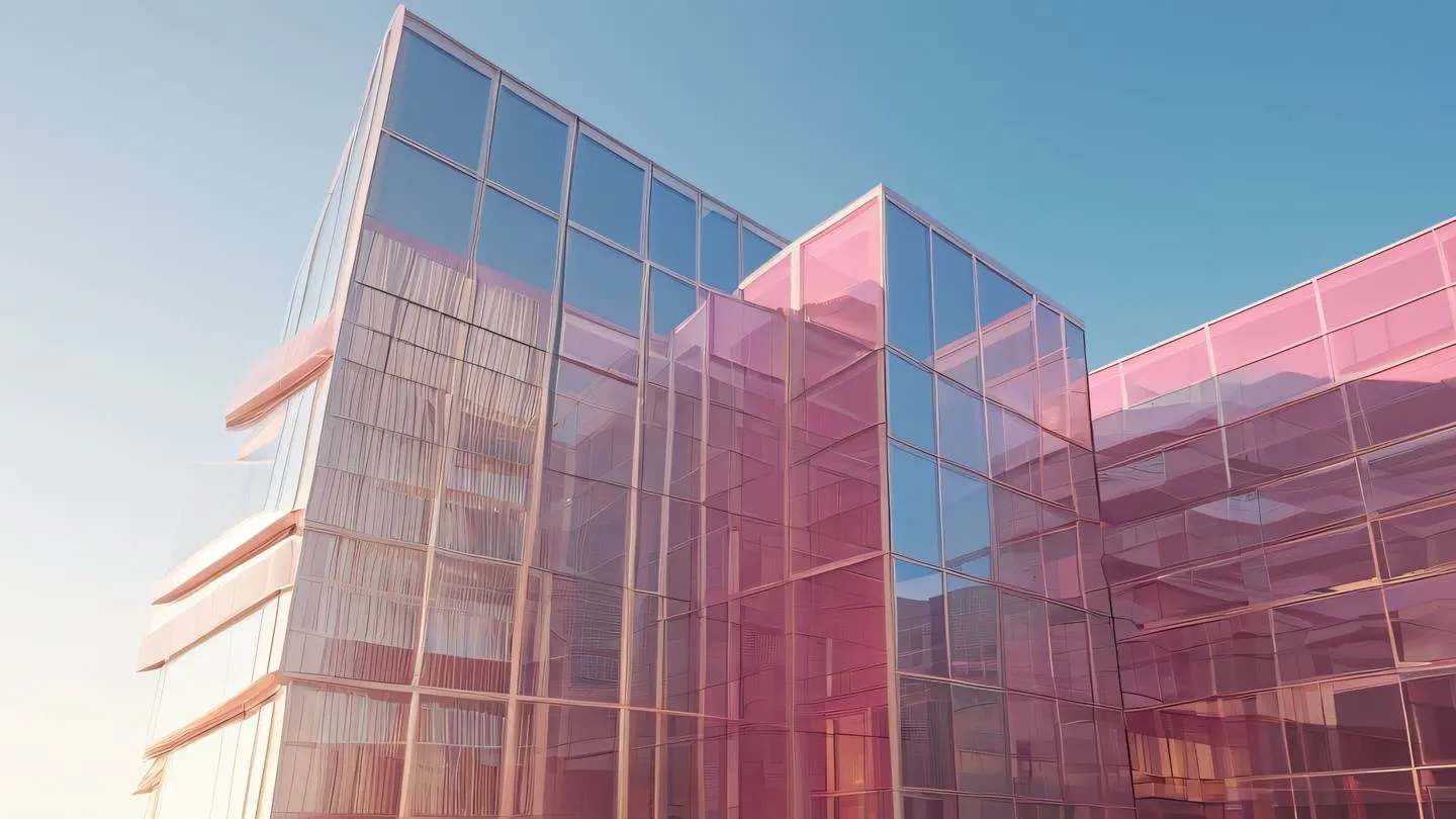 Abstract modern architecture with glass panels reflecting bright rose and creamy colors geometric shapes creating a harmonious pattern against clear sky high-quality ultra-realistic cinematic 8K UHD high resolution sharp and detail