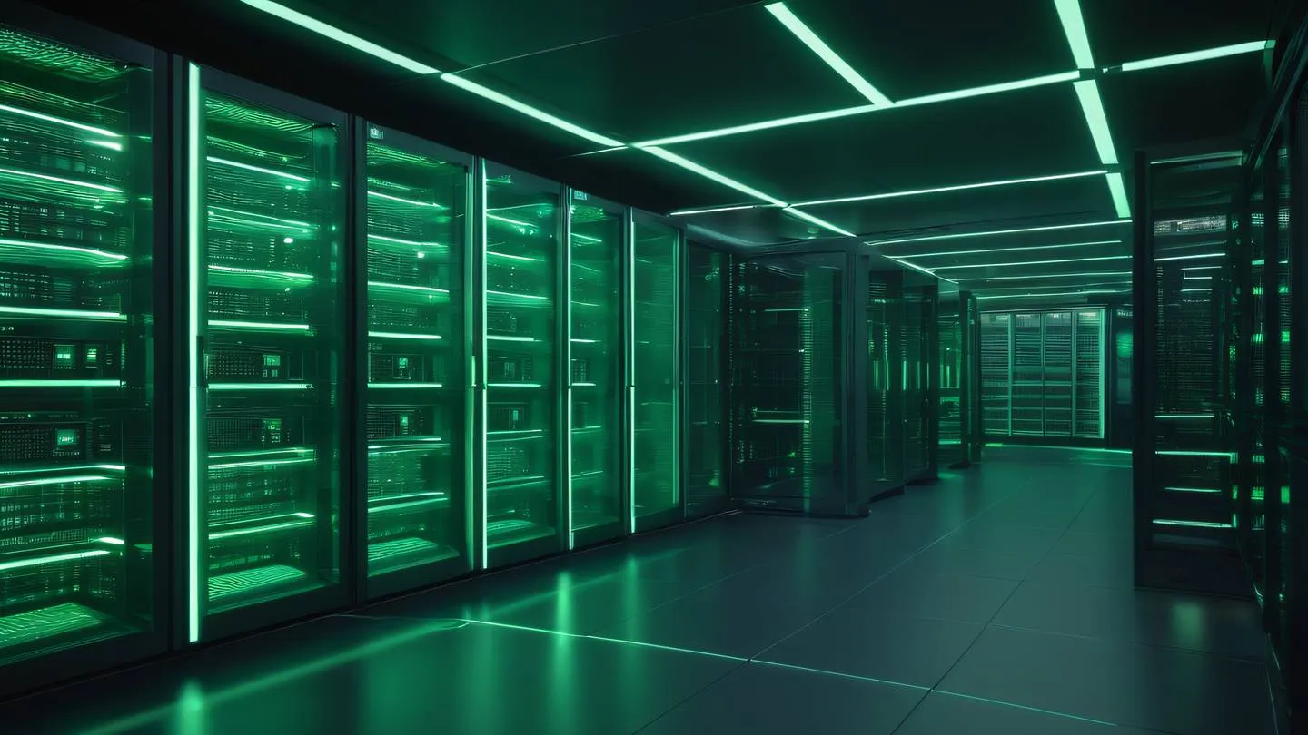 Futuristic server room interior with glowing green and iridescent light patterns streaming through transparent panels architectural visualization high-quality ultra-realistic cinematic 8K UHD high resolution sharp and detail