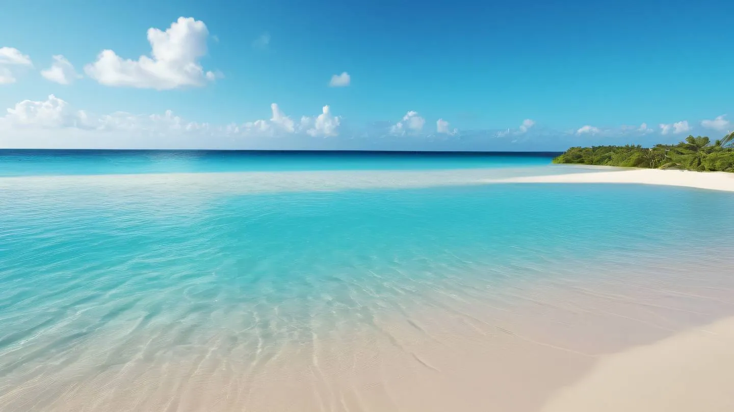 Peaceful tropical beach landscape with crystal clear waters in bright turquoise and creamy sand gentle waves creating natural patterns high-quality ultra-realistic cinematic 8K UHD high resolution sharp and detail