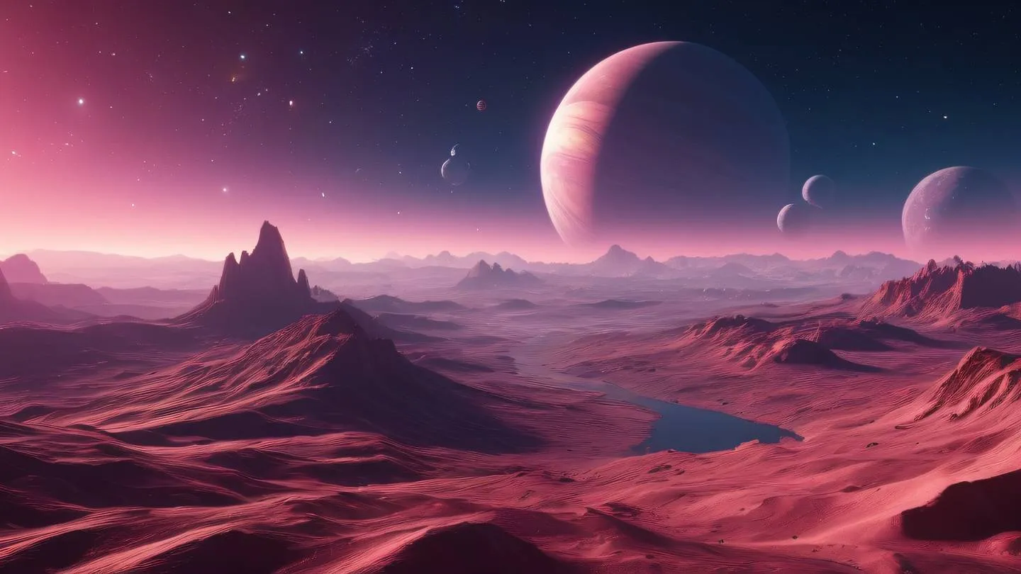 Abstract planetary landscape with floating geometric shapes in iridescent and rose colors cosmic atmosphere with subtle light effects high-quality ultra-realistic cinematic 8K UHD high resolution sharp and detail