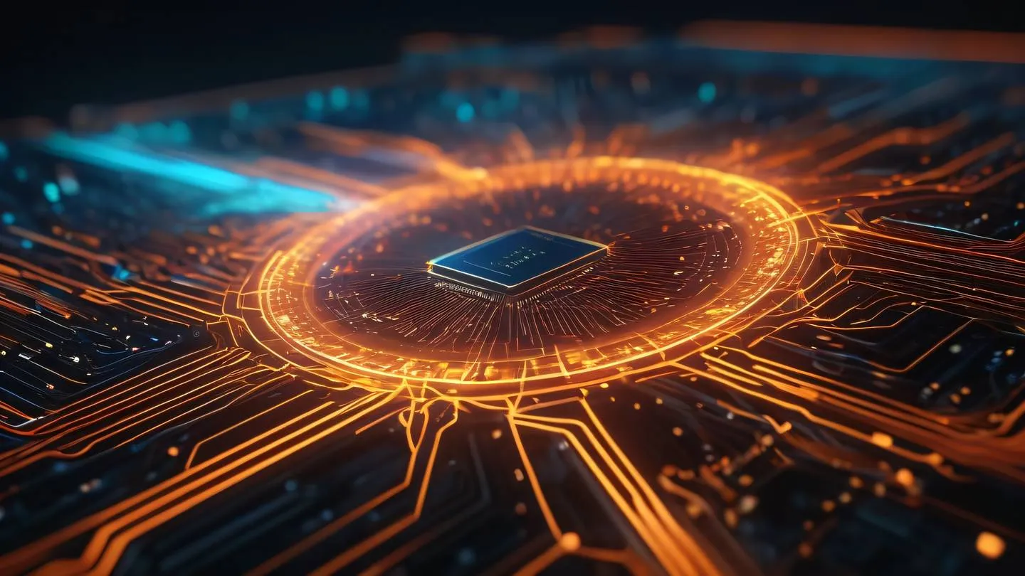 A futuristic network of glowing circuits and data streams flowing through abstract geometric shapes featuring bright orange and holographic colors radiating from the center high-quality ultra-realistic cinematic 8K UHD high resolution sharp and detail