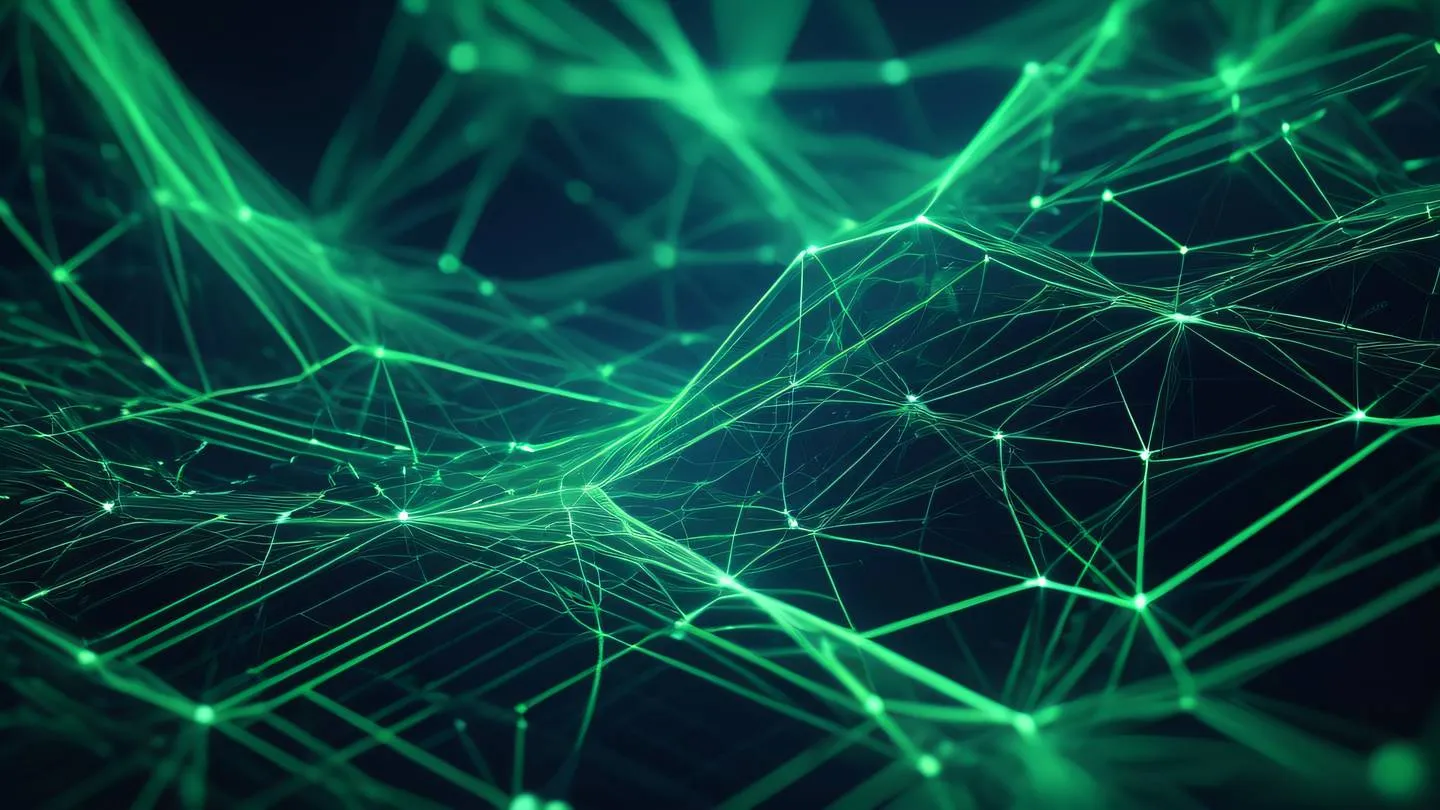 Abstract technological patterns with interconnected nodes and flowing energy streams in bright navy and green colors featuring geometric shapes and digital elements high-quality ultra-realistic cinematic 8K UHD high resolution sharp and detail