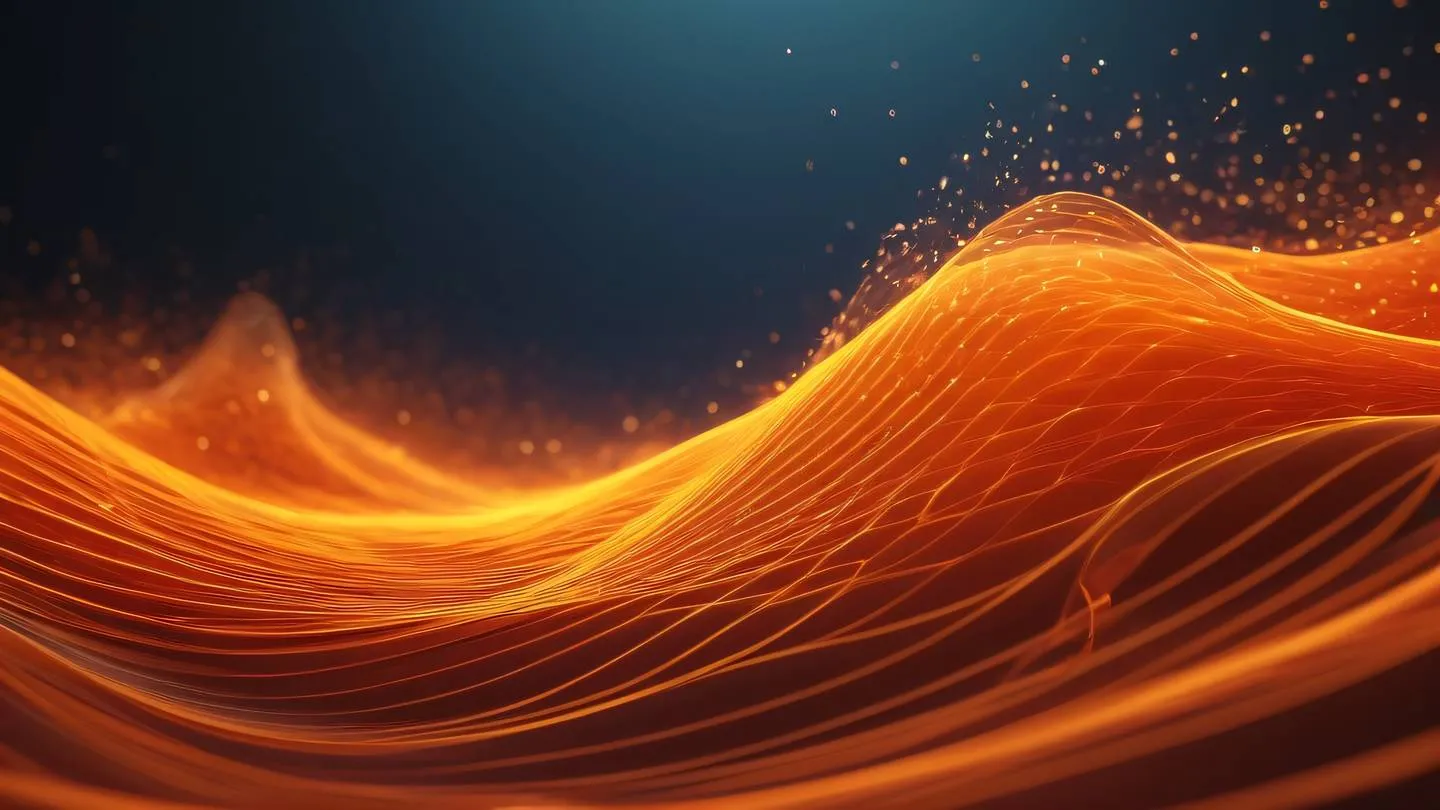 Flowing abstract waves of energy in bright orange and holographic colors with geometric patterns and digital particle effects high-quality ultra-realistic cinematic 8K UHD high resolution sharp and detail