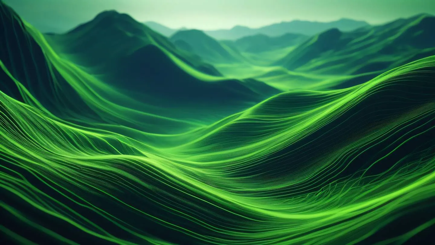 Abstract digital landscape with flowing data streams and geometric patterns in bright green and navy colors featuring technological elements and energy flows high-quality ultra-realistic cinematic 8K UHD high resolution sharp and detail