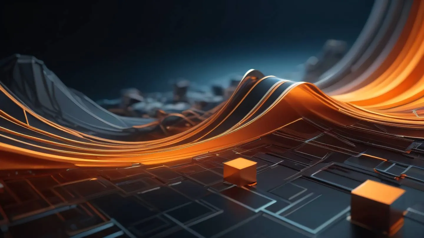 Abstract geometric shapes flowing in space featuring gradients of zinc and orange colors representing software architecture high-quality ultra-realistic cinematic 8K sharp details