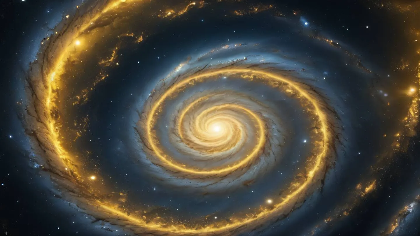 Abstract spiral galaxy viewed from space featuring bright yellow and zinc colors swirling together representing technological evolution high-quality ultra-realistic cinematic 8K high resolution sharp details