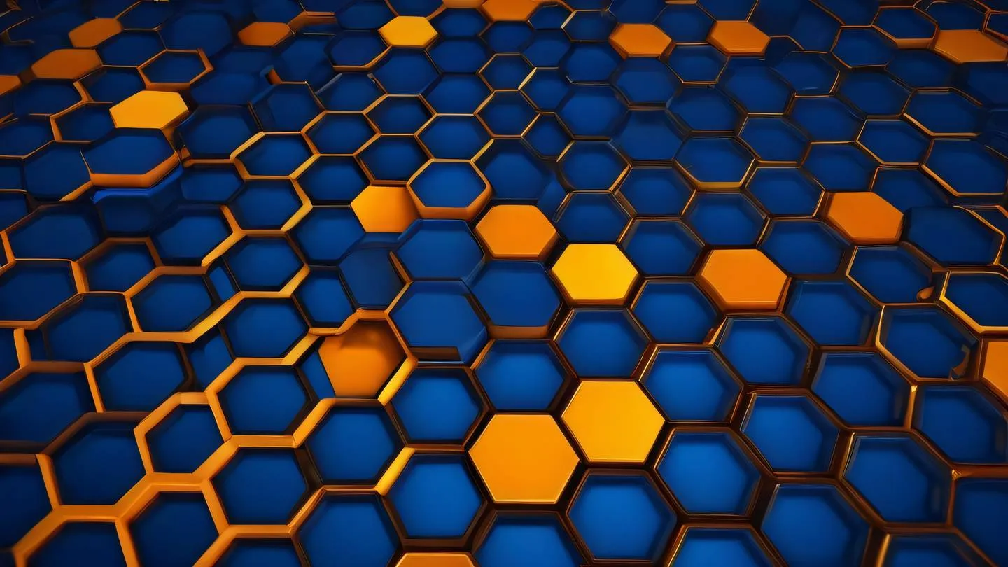 Geometric patterns of interconnected hexagons flowing in a cascading arrangement vibrant indigo and amber colors blending seamlessly representing middleware chain connections high-quality ultra-realistic cinematic 8K UHD high resolution sharp and detail