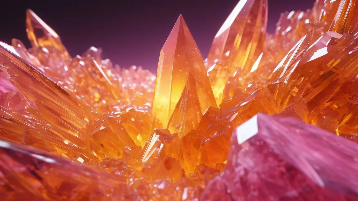 Abstract crystalline structures with flowing gradients representing order and structure bright amber and pink colors creating a harmonious blend high-quality ultra-realistic cinematic 8K UHD high resolution sharp and detail