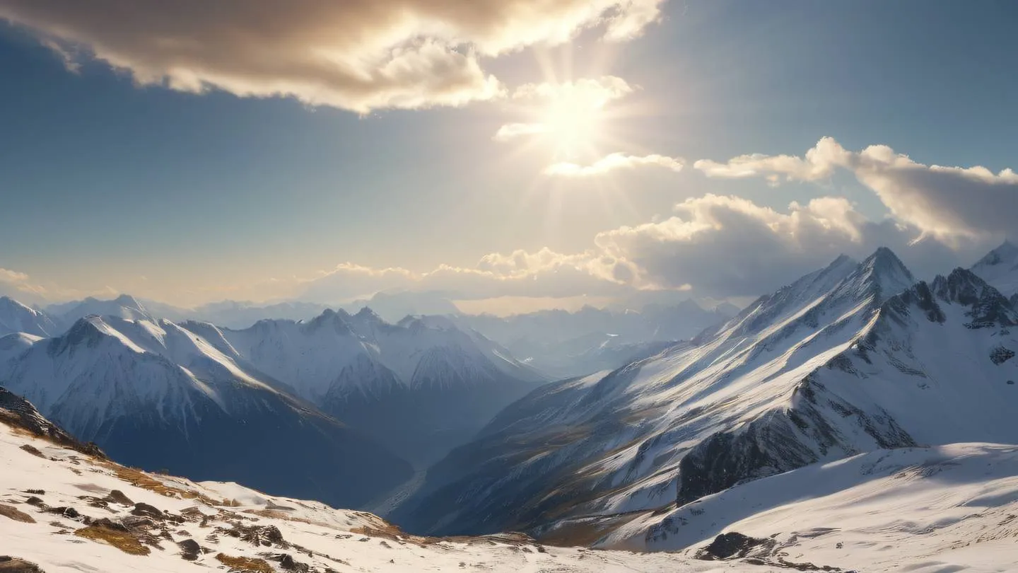 A serene mountain landscape with rays of sunlight breaking through clouds featuring pristine snow-capped peaks against a bright golden sky ultra-realistic cinematic 8K UHD high resolution sharp and detailed