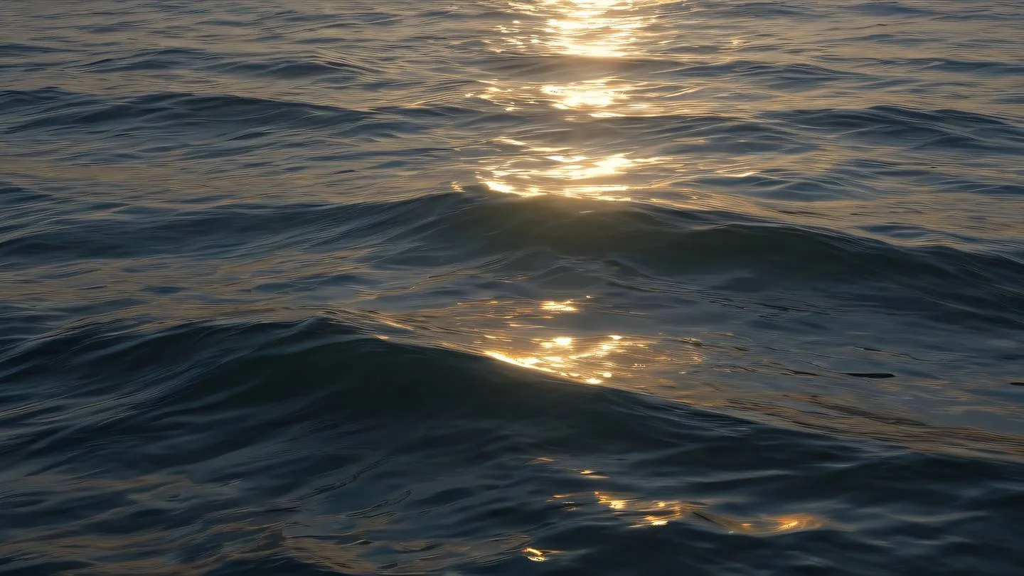 Peaceful ocean waves at sunset with gentle ripples in minimal gray and gold tones reflecting light on the water surface ultra-realistic cinematic 8K UHD high resolution sharp and detailed