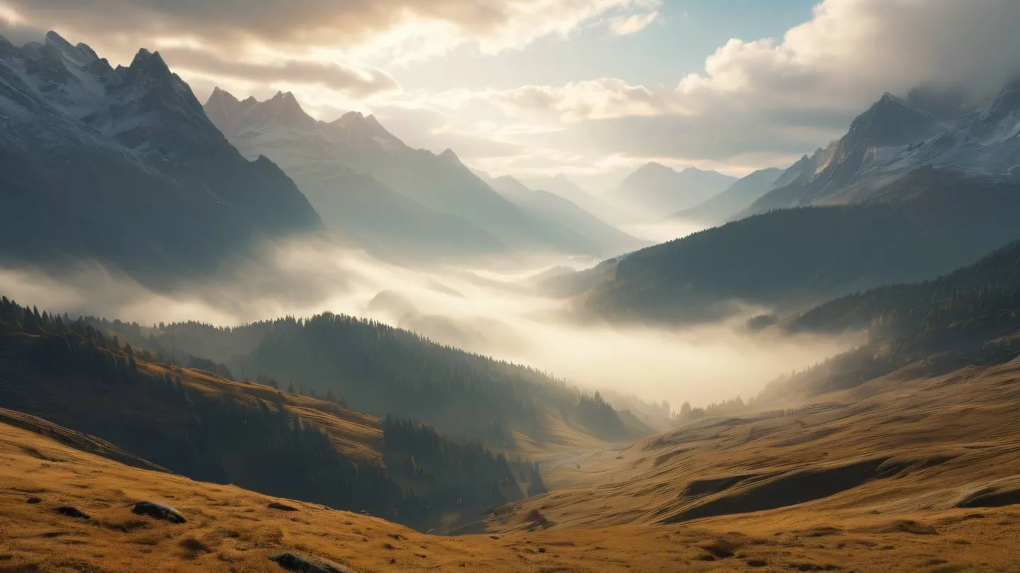 Ethereal mountain valley with morning mist in bright golden and creamy colors featuring dramatic cloud formations and sunlit peaks ultra-realistic cinematic 8K UHD high resolution sharp and detailed