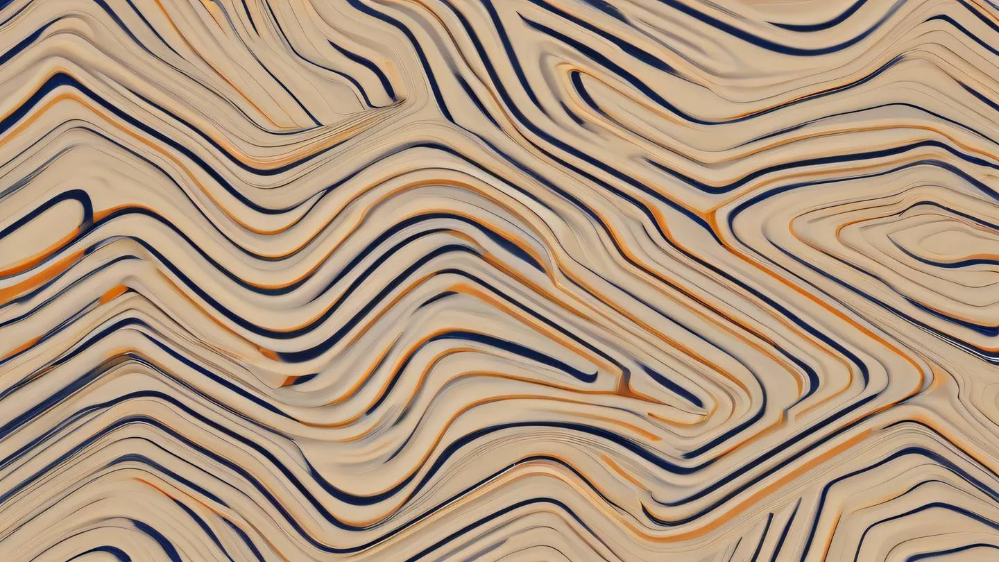 An abstract geometric pattern representing efficient data flow with interconnected flowing lines and shapes in navy blue and orange tones against a light sand background shot from top-down perspective high-quality ultra-realistic cinematic 8K UHD high resolution sharp and detail