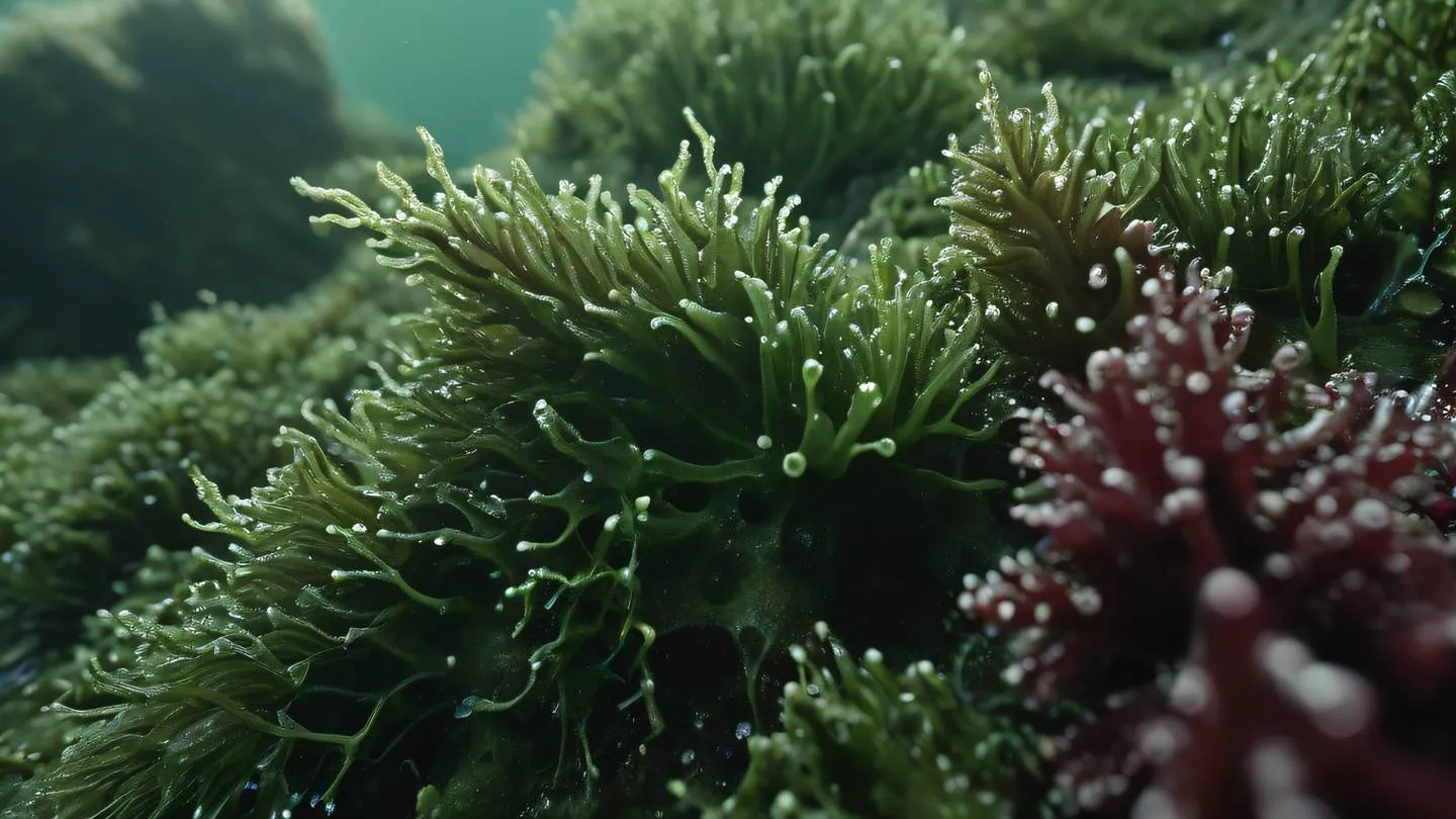 A close-up macro shot of crystalline formations in seaweed green and maroon colors representing structured data patterns shot from a low angle perspective high-quality ultra-realistic cinematic 8K UHD high resolution sharp and detail