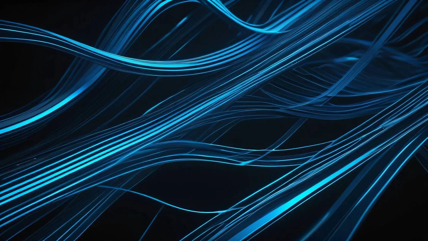 Abstract flowing lines representing code streams with interweaving bright light blue and cobalt ribbons against black background shot from top-down perspective high-quality ultra-realistic cinematic 8K UHD high resolution sharp and detail