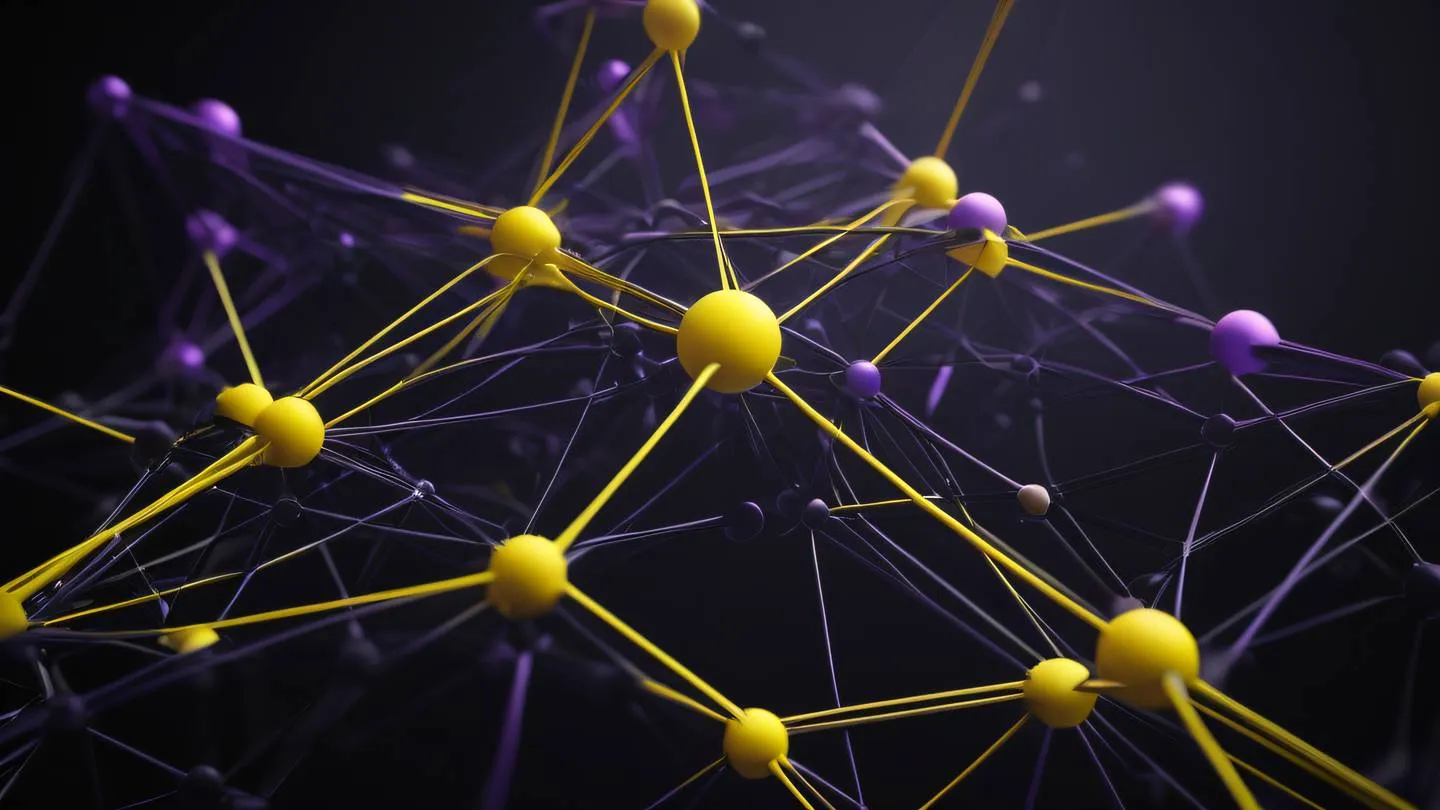 Geometric patterns of interconnected nodes forming a network structure canary yellow and lilac gradient against off-black background captured from a 45-degree angle high-quality ultra-realistic cinematic 8K UHD high resolution sharp and detail