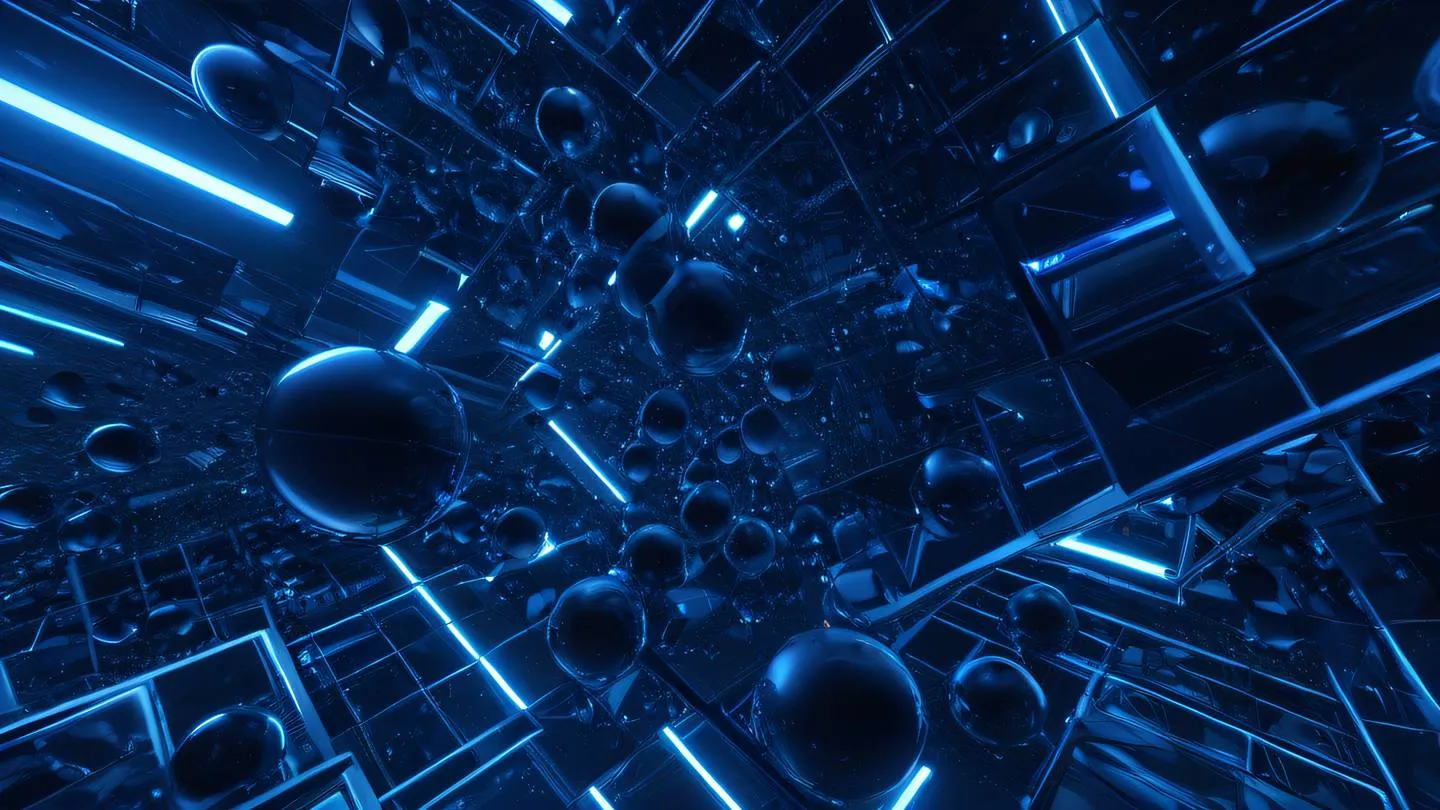 Abstract geometric composition of interconnected cubes and spheres floating in space rendered in cobalt blue and indigo with metallic reflections captured from a 45-degree angle high-quality ultra-realistic cinematic 8K UHD high resolution sharp and detail