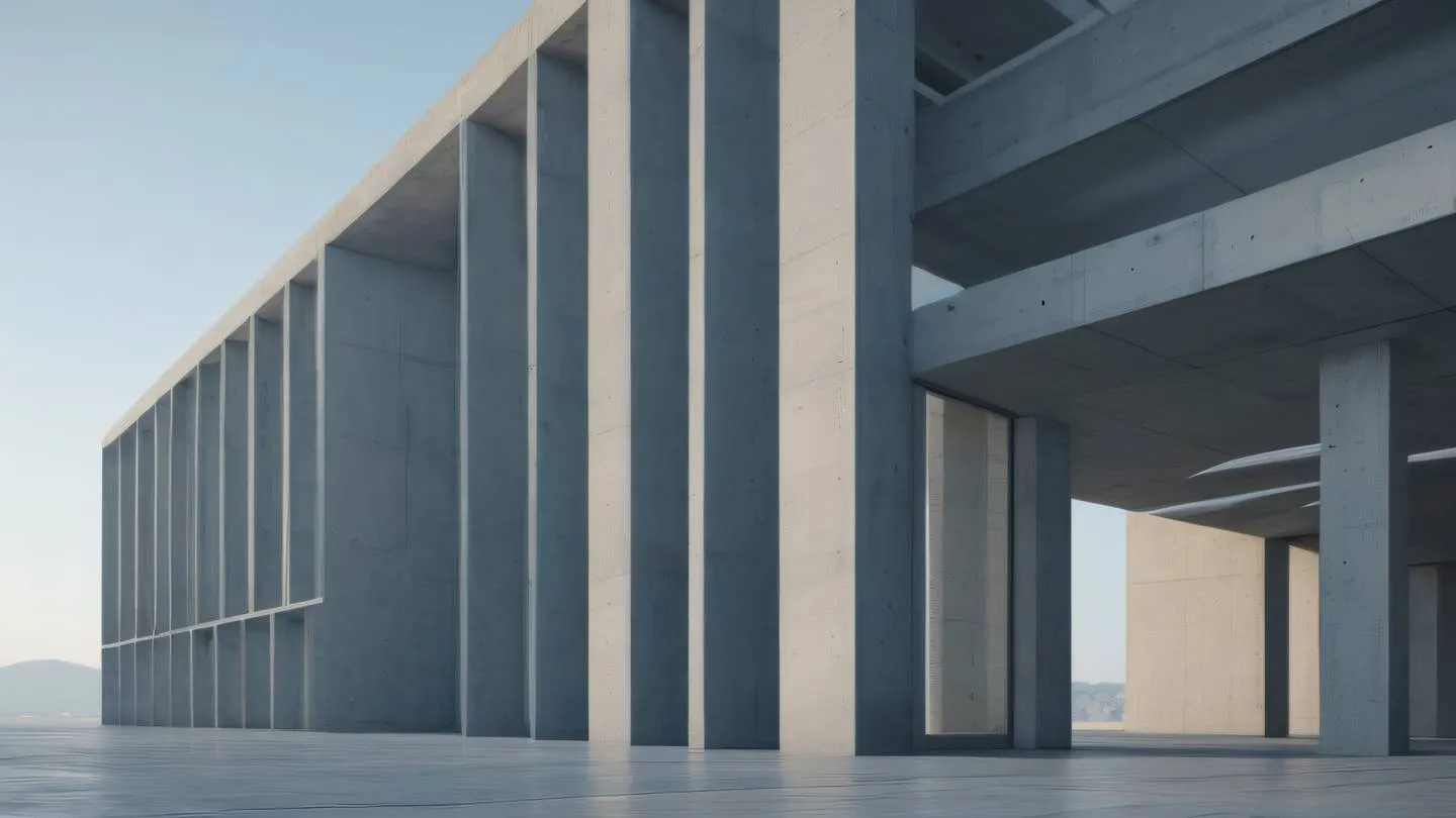 Minimalist architectural structure with clean lines and geometric patterns featuring dusty blue and concrete colors with subtle shadows photographed from a low angle perspective high-quality ultra-realistic cinematic 8K UHD high resolution sharp and detail