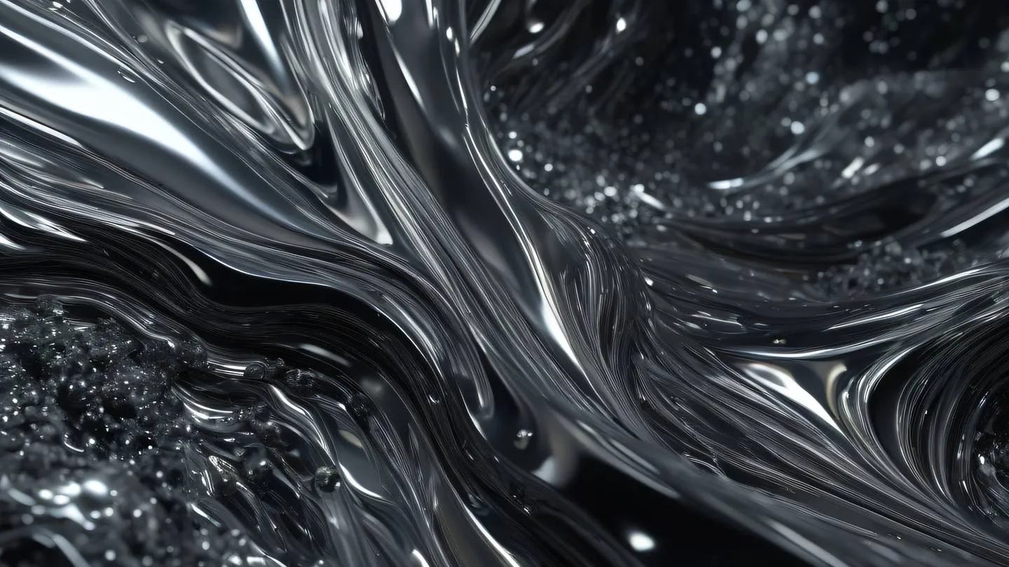 Dynamic abstract composition of flowing liquid metals and crystalline structures in silver and black with dramatic lighting viewed from a dynamic diagonal perspective high-quality ultra-realistic cinematic 8K UHD high resolution sharp and detail