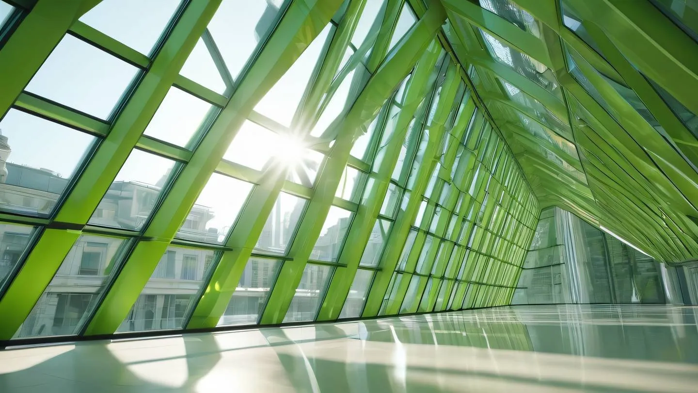 Elegant glass architecture with streaming sunlight creating natural light rays through geometric windows warm lime green and crystal white reflections dancing on glass surfaces photographed from a low angle perspective high-quality ultra-realistic cinematic 8K UHD high resolution sharp and detail