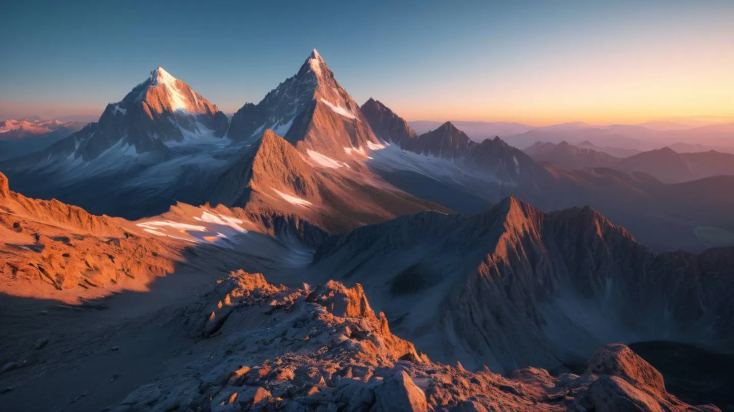 Majestic rocky mountain peaks with geometric facets displaying bright orange and crystal blue hues in a sunset atmosphere captured from a wide-angle perspective showing grand scale high-quality ultra-realistic cinematic 8K UHD high resolution sharp and detail