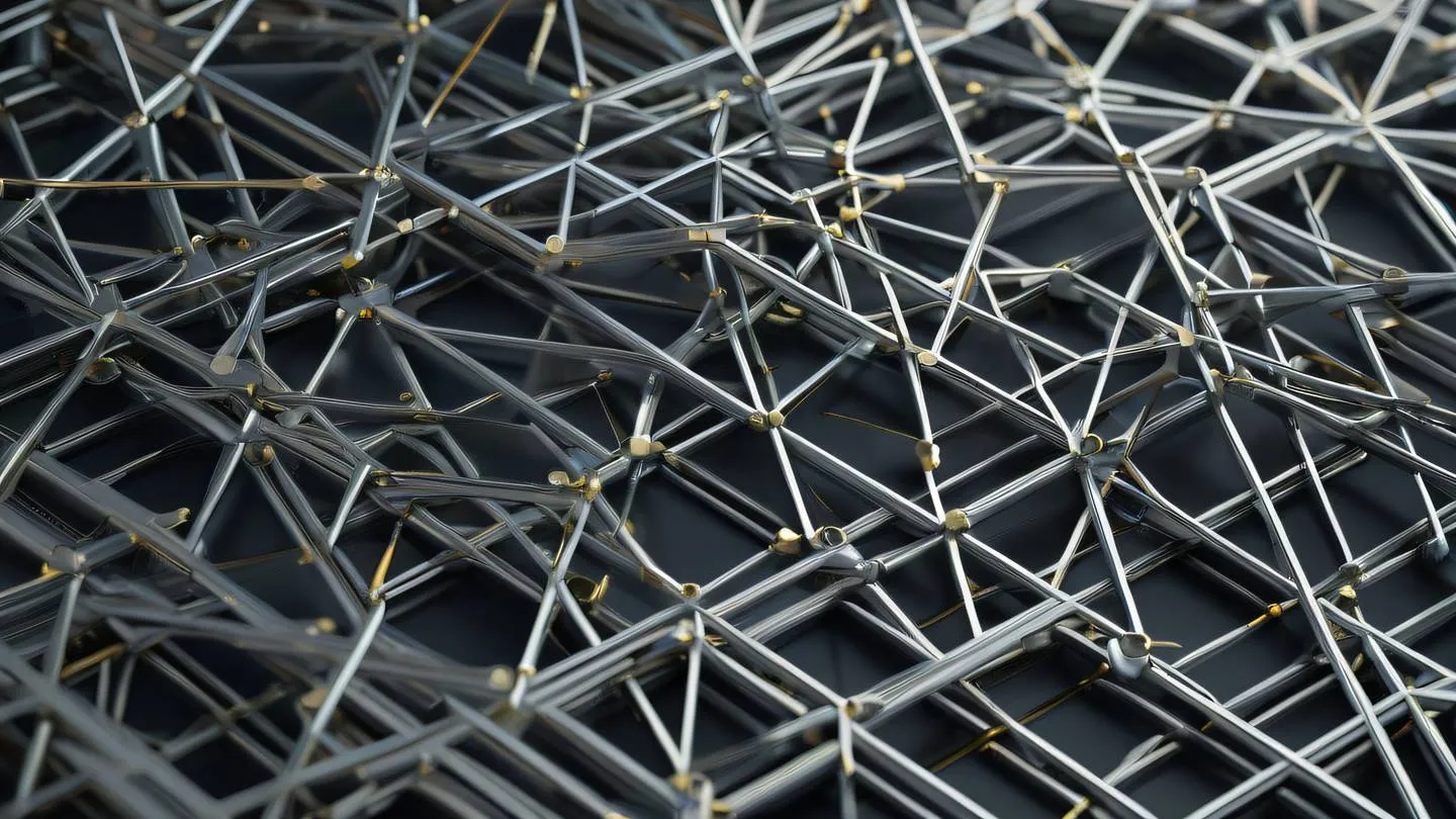 A minimalist abstract geometric pattern representing interconnected nodes and modules featuring metallic silver and chrome elements with subtle gold accents shot from top-down perspective high-quality ultra-realistic cinematic 8K UHD high resolution sharp and detail