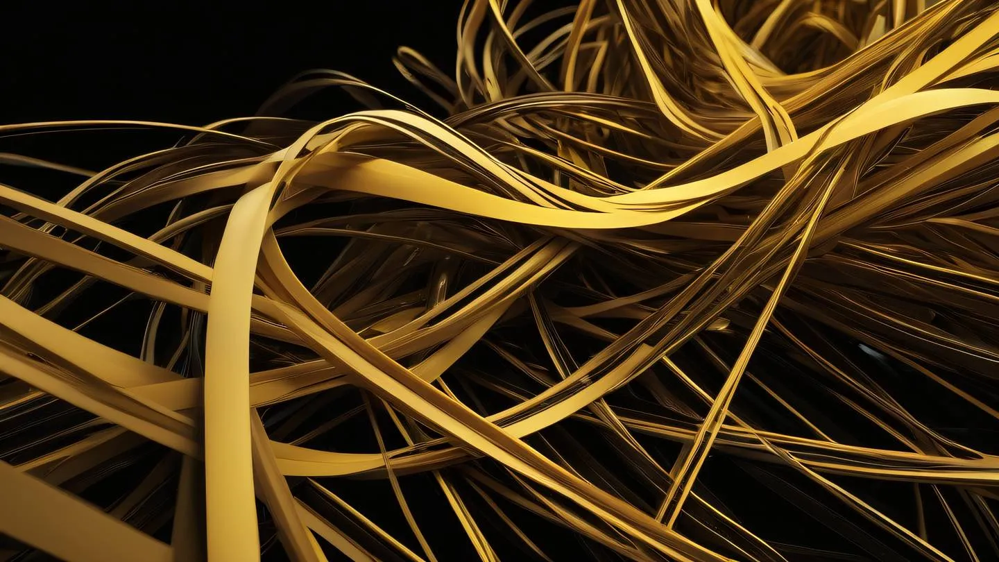 Abstract flowing streams of data visualized as intertwining ribbons colored in bright butterscotch yellow and golden hues against a dark background captured from a diagonal perspective high-quality ultra-realistic cinematic 8K UHD high resolution sharp and detail