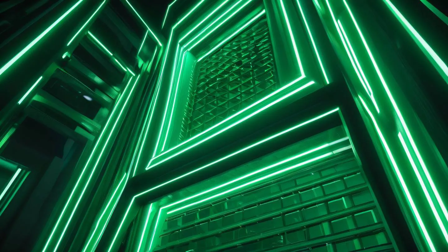 A futuristic architectural structure with clean lines and geometric patterns illuminated in bright neon green and emerald tones photographed from a low angle perspective high-quality ultra-realistic cinematic 8K UHD high resolution sharp and detail