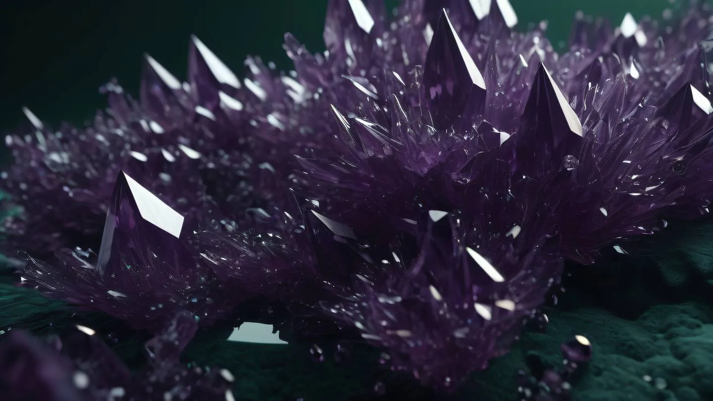 An elegant abstract composition of floating crystalline structures rendered in deep amethyst and dark green tones with subtle highlights viewed from a sweeping side angle high-quality ultra-realistic cinematic 8K UHD high resolution sharp and detail