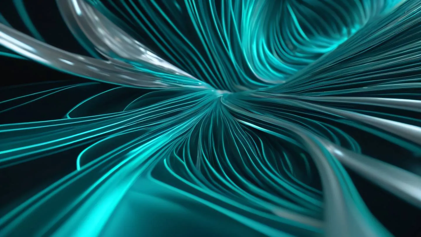 Abstract flowing geometric shapes representing data transformation with bright holographic colors of teal silver and cyan swirling together. Shot from a low angle perspective ultra-realistic cinematic 8K UHD high resolution sharp and detailed