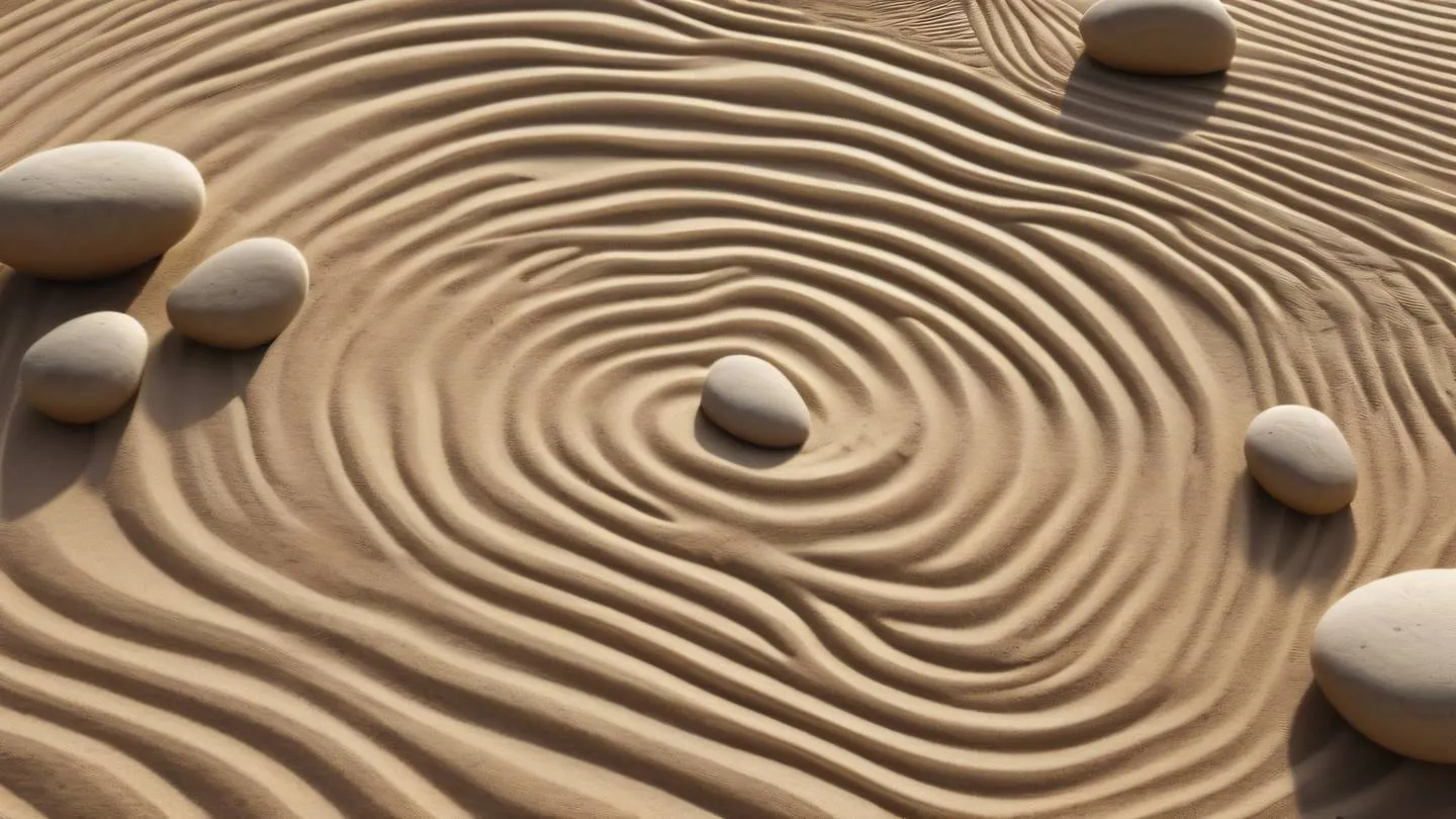 Minimalist zen garden with smooth stones and sand ripples featuring contemporary brown and cream tones with golden sunlight. Bird's eye view perspective ultra-realistic cinematic 8K UHD high resolution sharp and detailed