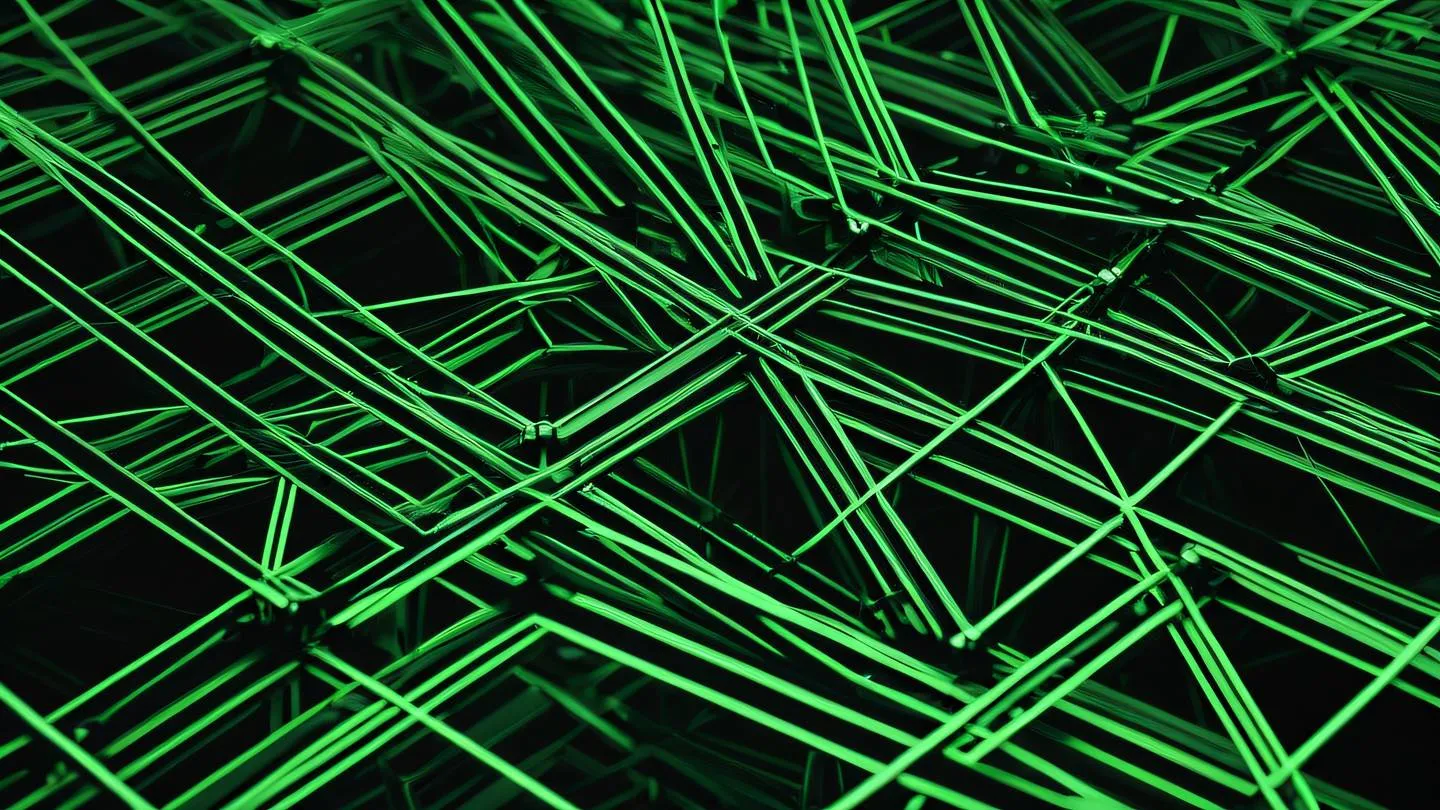 Abstract geometric patterns of interconnected nodes and lines featuring bright green and black color scheme. Captured from a diagonal top-down perspective ultra-realistic cinematic 8K UHD high resolution sharp and detailed