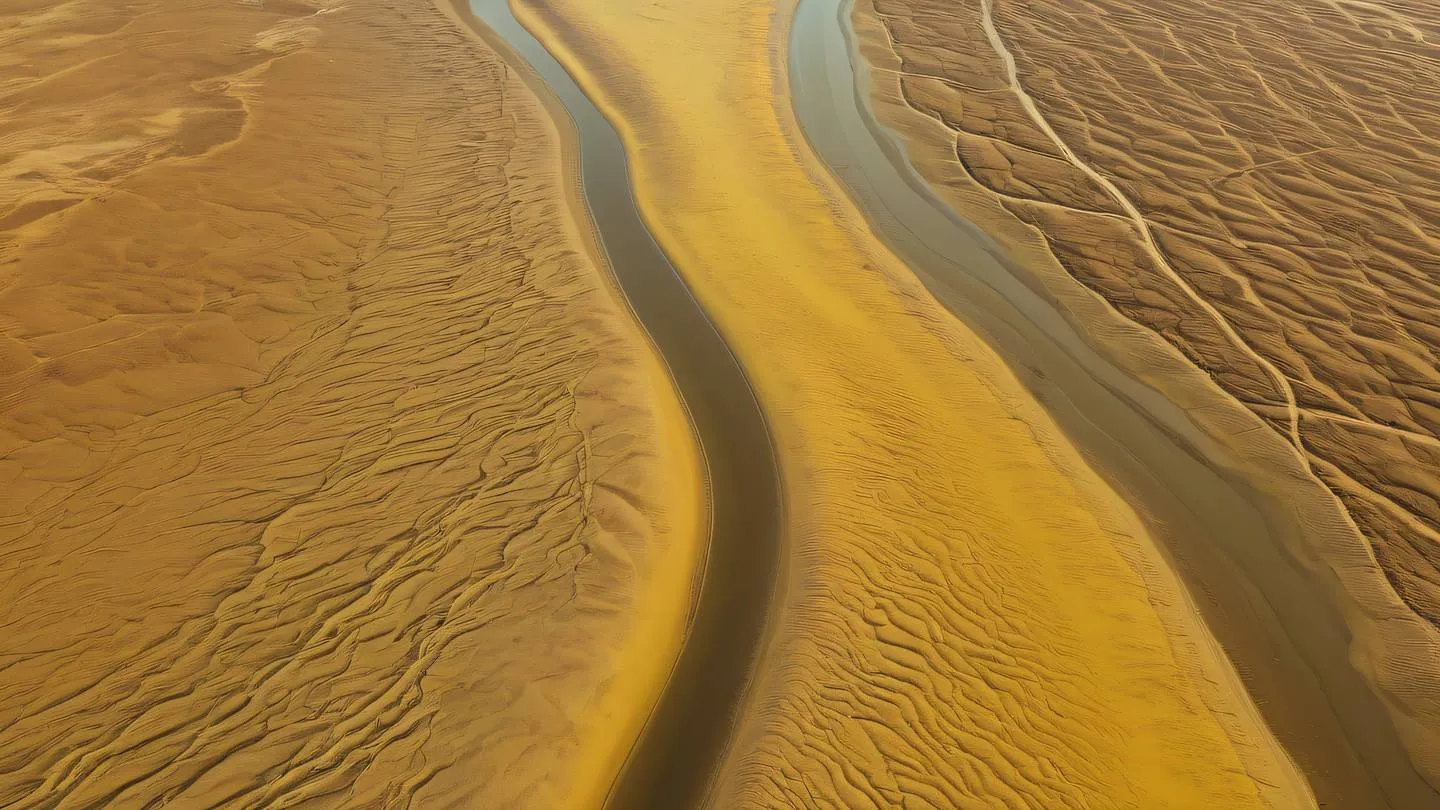 Aerial view of flowing river delta patterns in desert landscape with canary yellow and gold gradient colors against natural textures. Captured from directly above ultra-realistic cinematic 8K UHD high resolution sharp and detailed