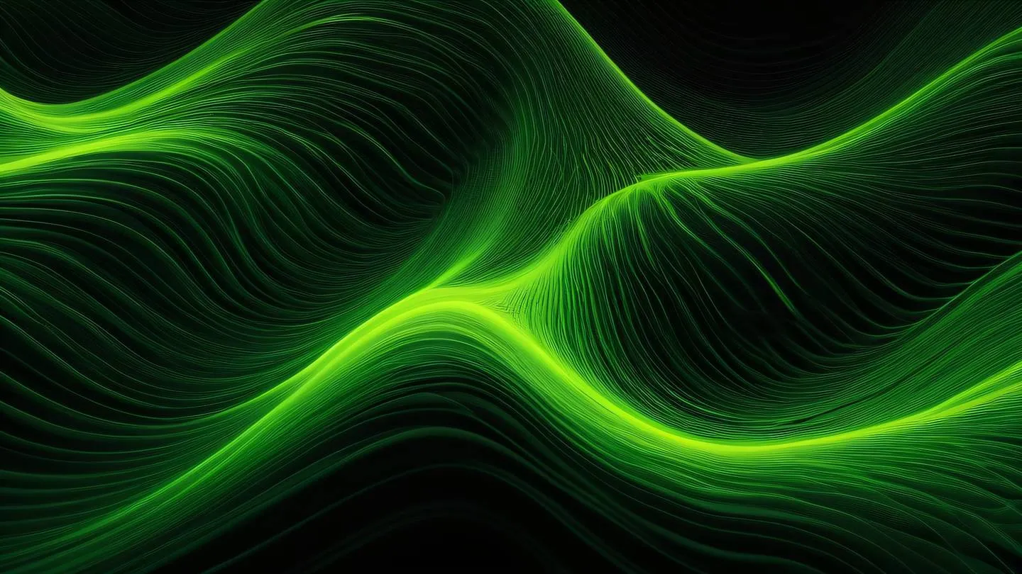 Abstract flowing waves resembling data streams dominated by fluorescent green and sunshine yellow colors creating dynamic patterns against a black background shot from top-down perspective high-quality ultra-realistic cinematic 8K UHD high resolution sharp and detail