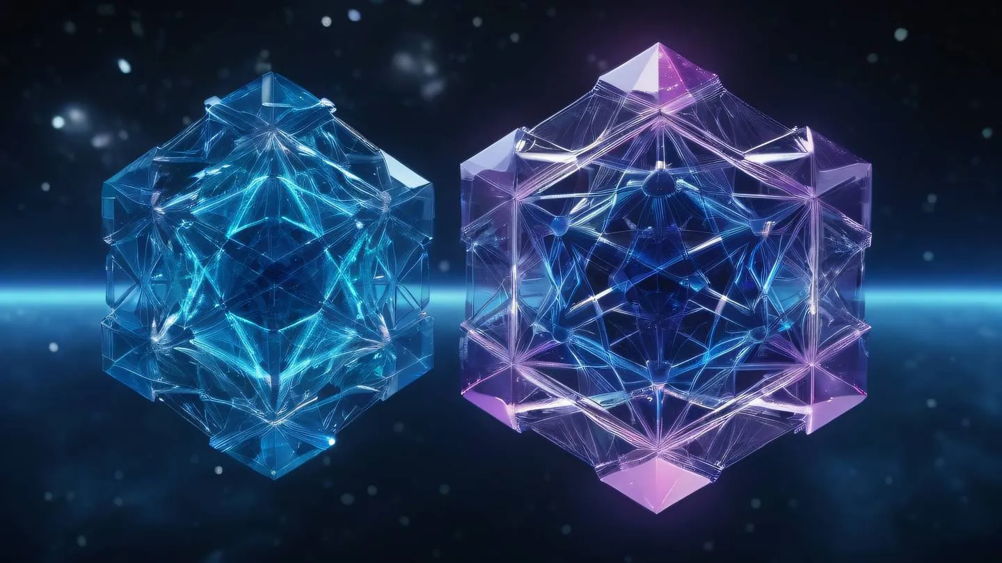 Geometric crystal structures floating in space featuring sapphire blue and neon colors intertwining in sacred geometry patterns captured from a dramatic low angle high-quality ultra-realistic cinematic 8K UHD high resolution sharp and detail