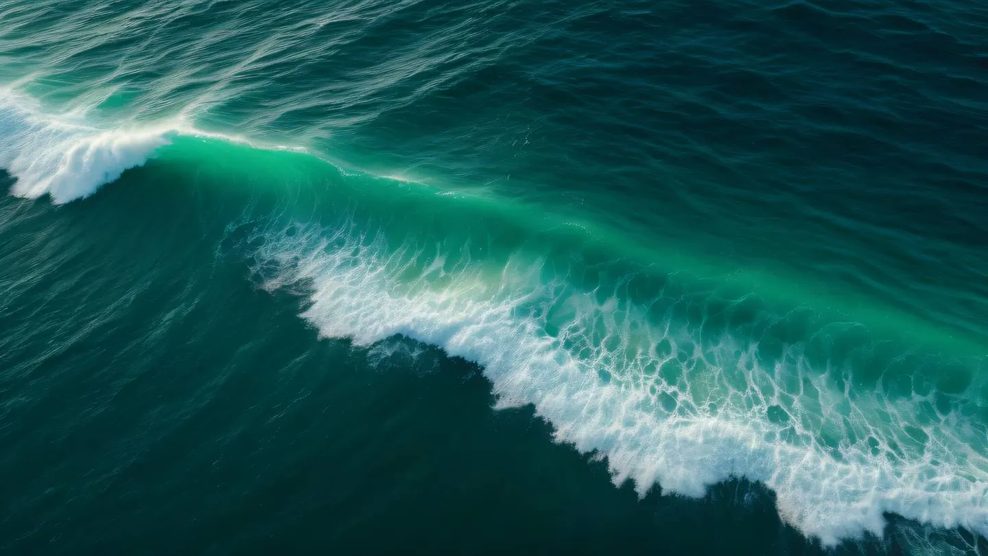 Ocean waves creating natural patterns from aerial view featuring dark green and neon green colors swirling together captured from bird's eye perspective high-quality ultra-realistic cinematic 8K UHD high resolution sharp and detail