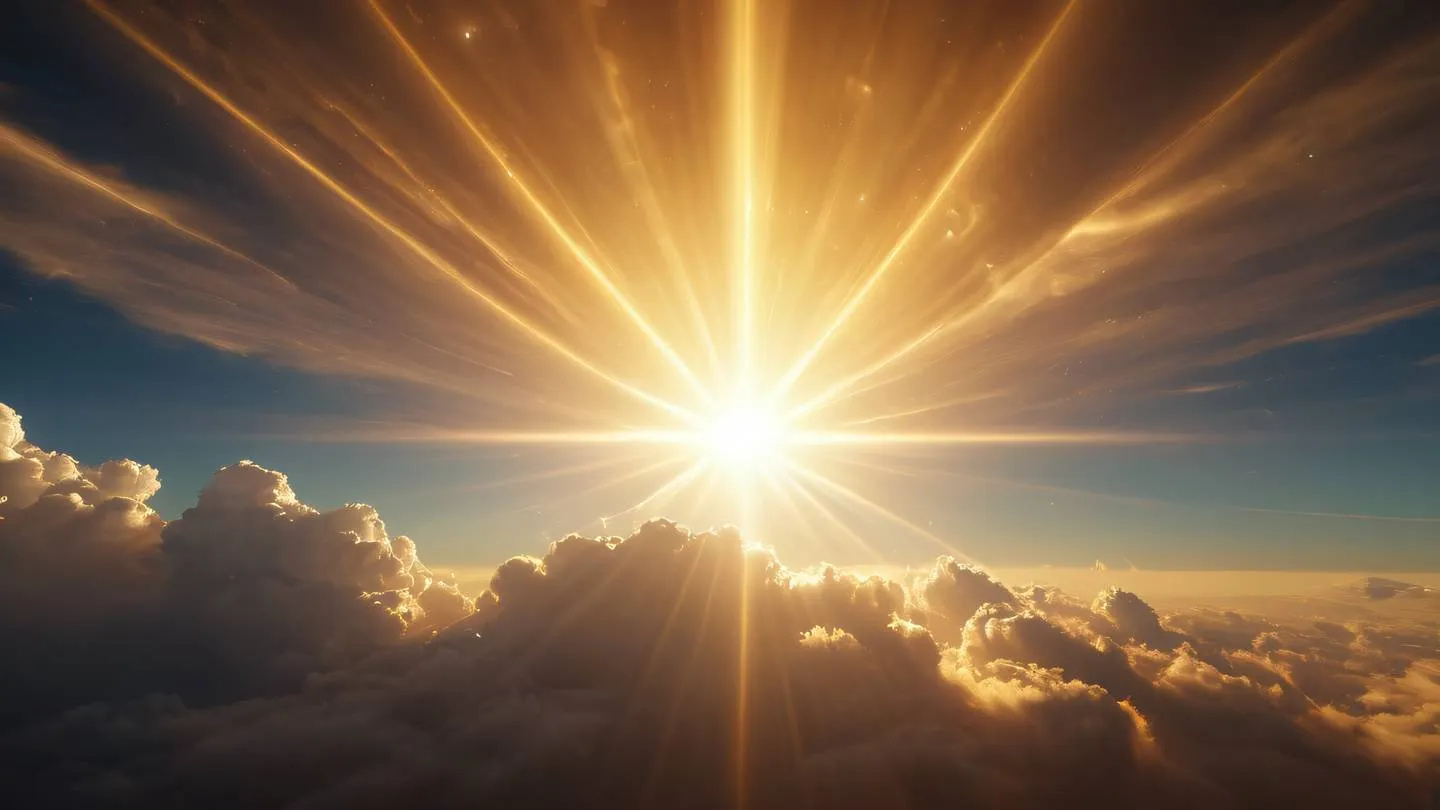 Celestial rays of light piercing through cosmic clouds dominated by clay and sunshine yellow colors creating ethereal patterns shot from a cinematic wide angle perspective high-quality ultra-realistic cinematic 8K UHD high resolution sharp and detail