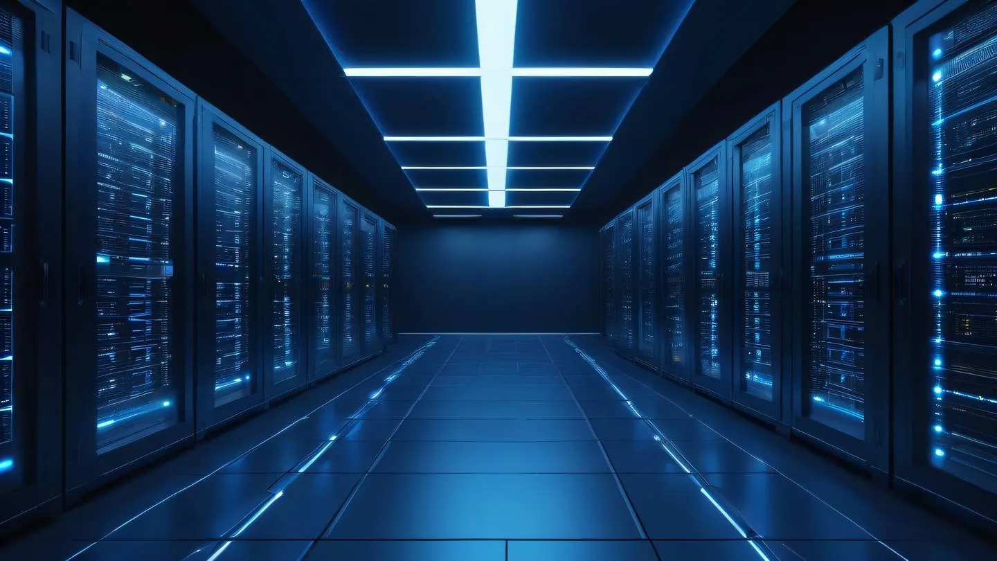 Futuristic server room interior with floating data streams navy blue base with electric blue light streaks modern architectural elements low angle perspective shot high-quality ultra-realistic cinematic 8K UHD high resolution sharp and detail