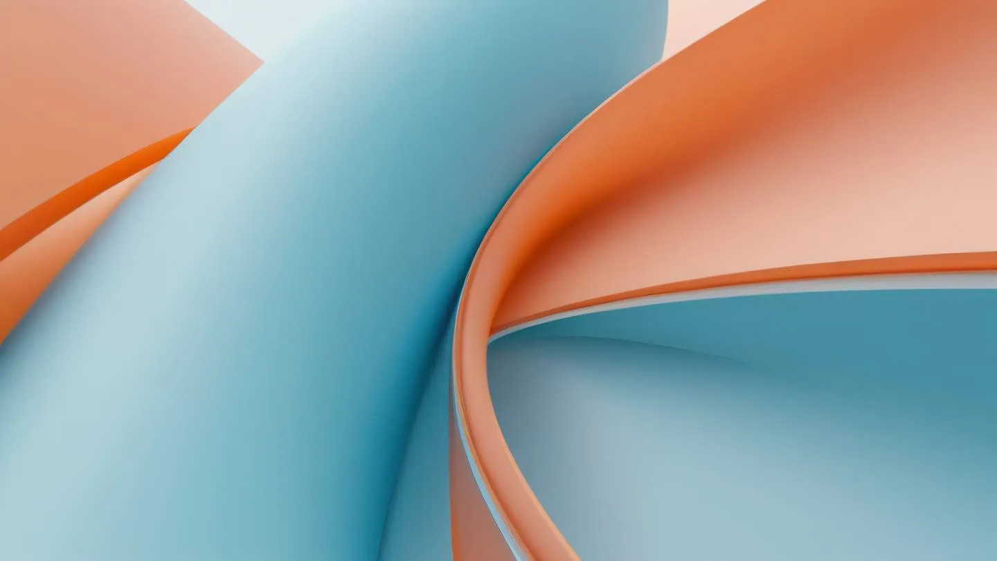 Abstract geometric patterns representing data flow and transformations featuring flowing curves and interconnected shapes in baby blue and salmon-orange colors shot from top-down perspective high-quality ultra-realistic cinematic 8K UHD high resolution sharp and detail