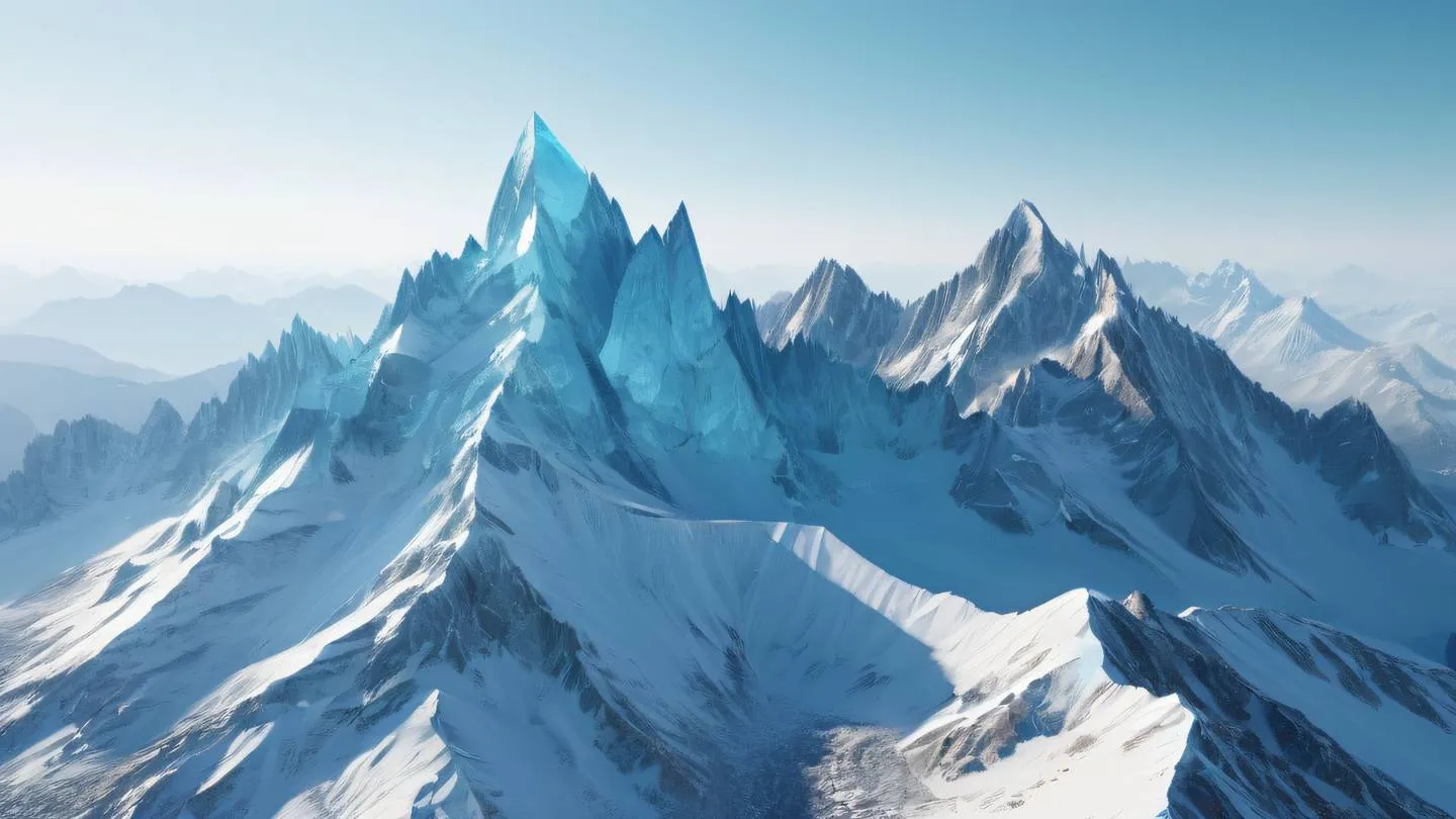 Geometric mountain ranges with crystalline peaks in bright gem and baby blue colors captured from dynamic diagonal perspective high-quality ultra-realistic cinematic 8K UHD high resolution sharp and detail