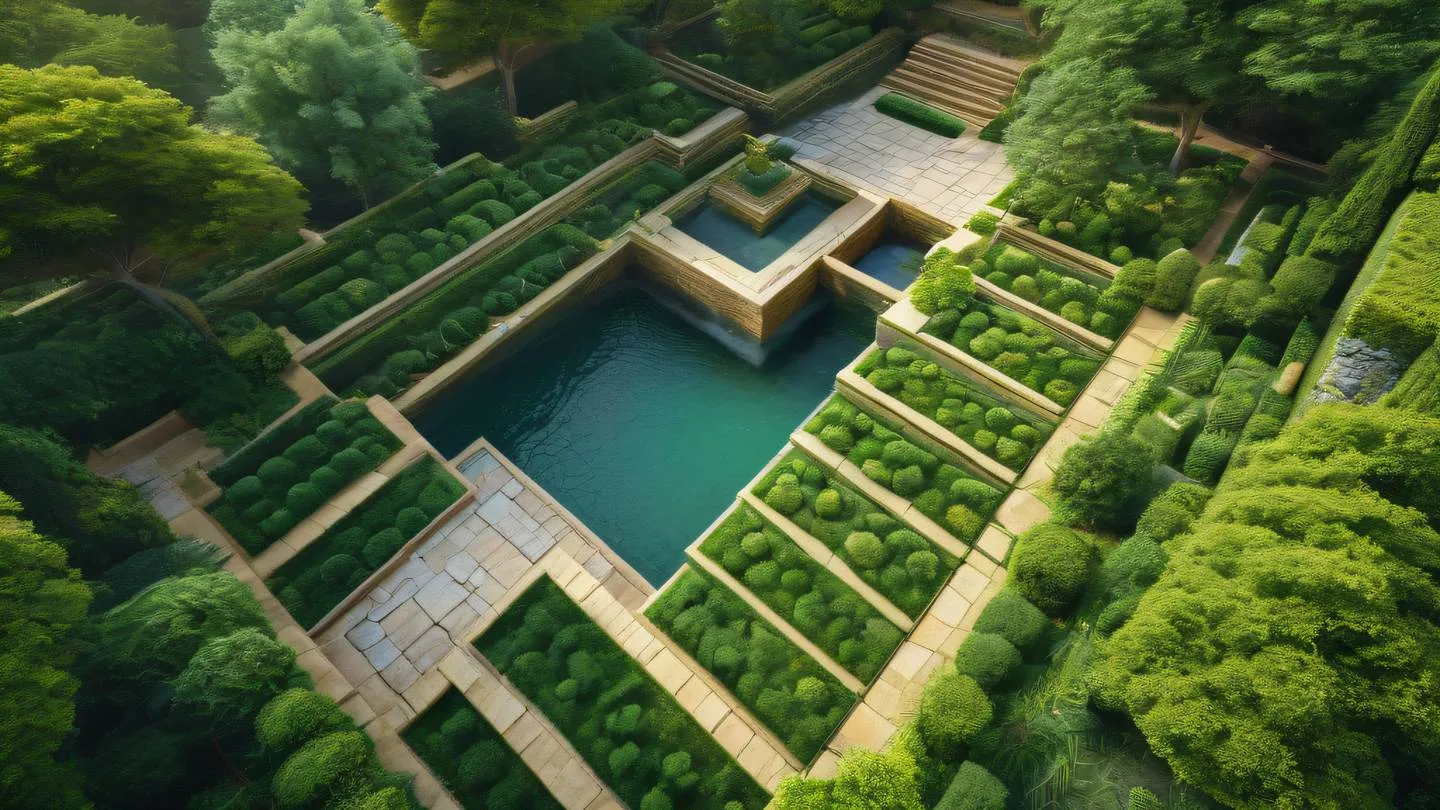 A serene abstract garden vista with geometric patterns of flowing water and stepped stone terraces dominated by emerald green and butterscotch yellow hues captured from a high aerial perspective high-quality ultra-realistic cinematic 8K UHD high resolution sharp and detail