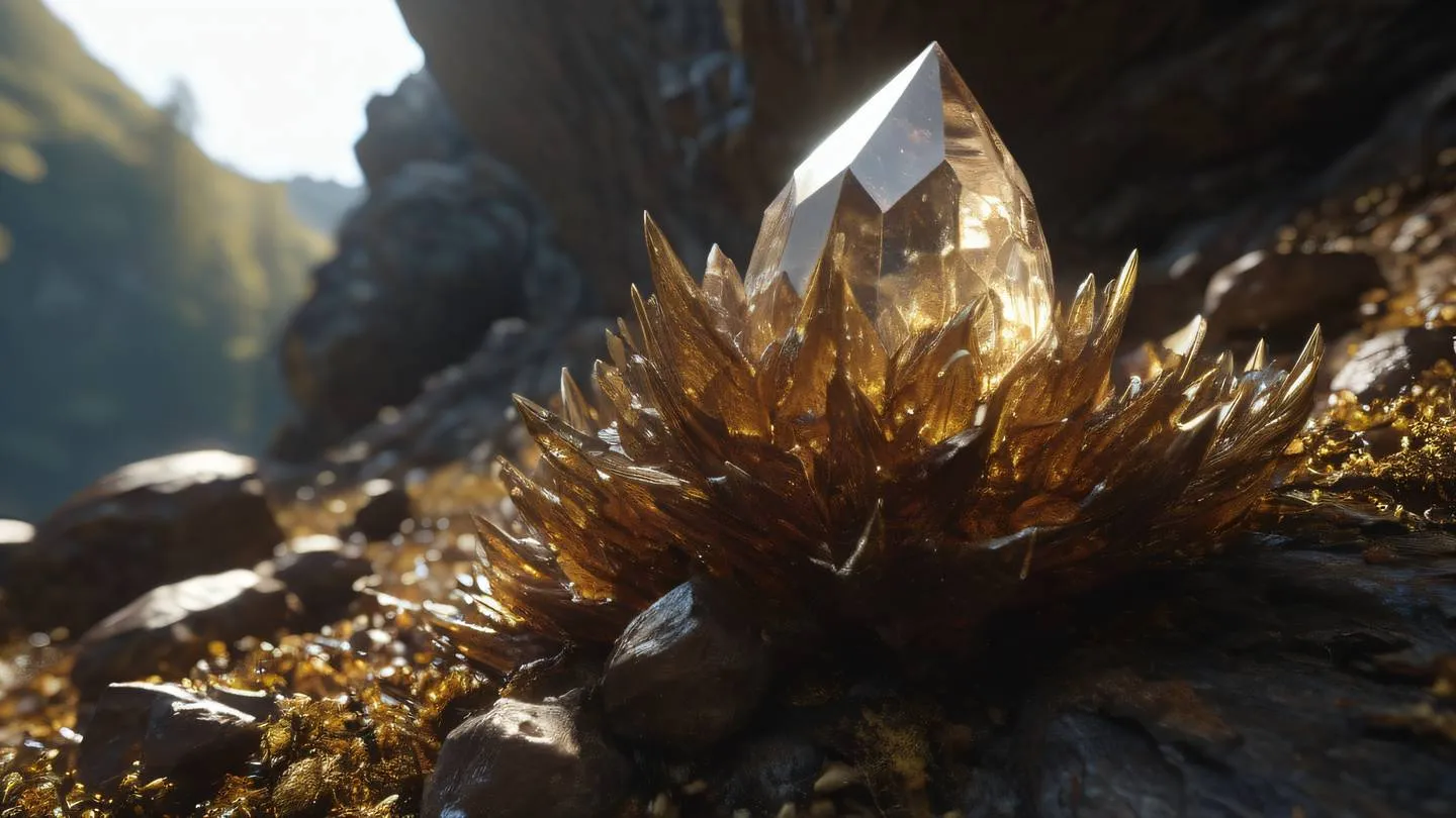 An intricate crystalline formation in natural surroundings featuring rich dark academia browns and golds photographed from a low angle perspective with natural lighting high-quality ultra-realistic cinematic 8K UHD high resolution sharp and detail