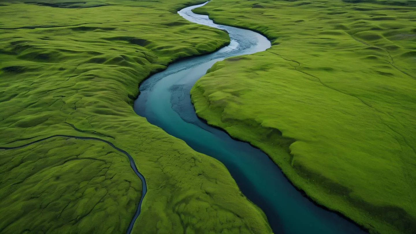 A tranquil Icelandic landscape with flowing rivers creating natural patterns dominated by bright emerald green tones captured from a drone perspective showing the winding waterways high-quality ultra-realistic cinematic 8K UHD high resolution sharp and detail